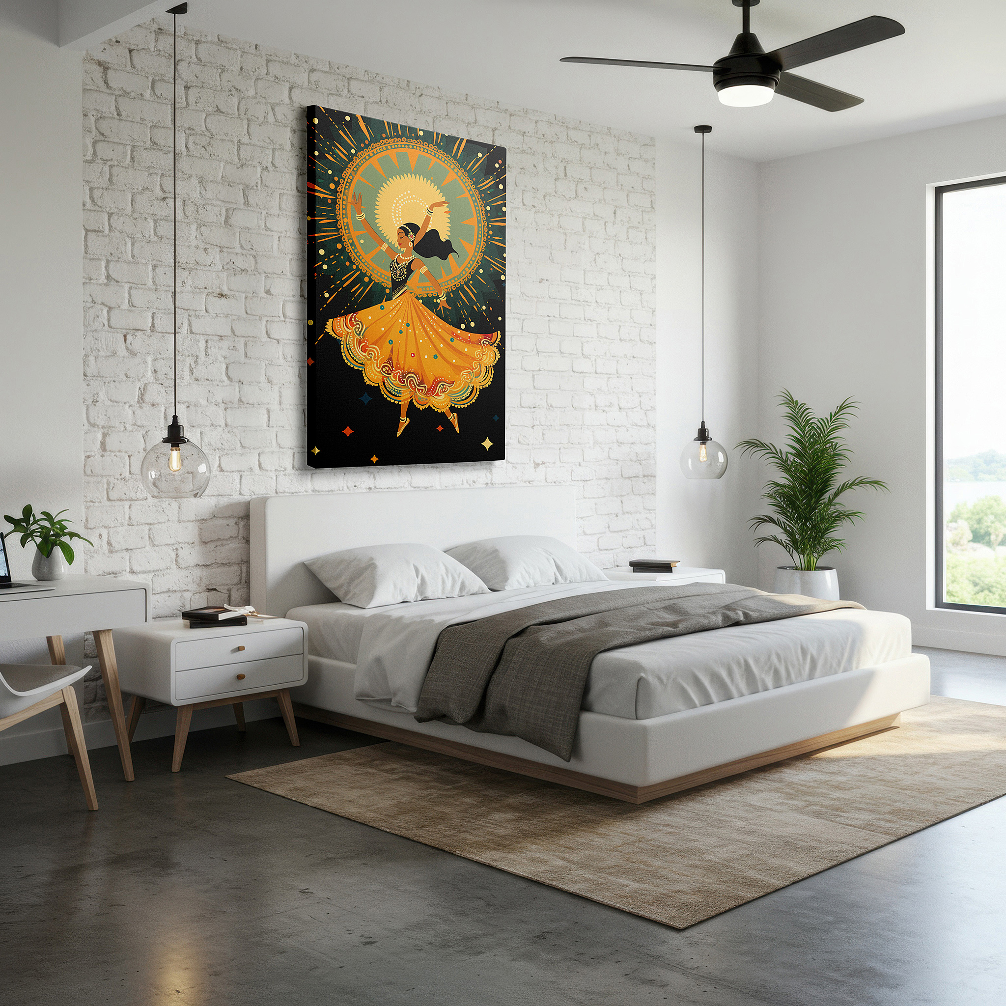 Close-up shows rich pigment, color blending, and brushwork texture — radiant yellow dress dancer wall art: celebrating festivity and cultural vibrance - perfect for office, bedroom, and home decor, available in large canvas prints
