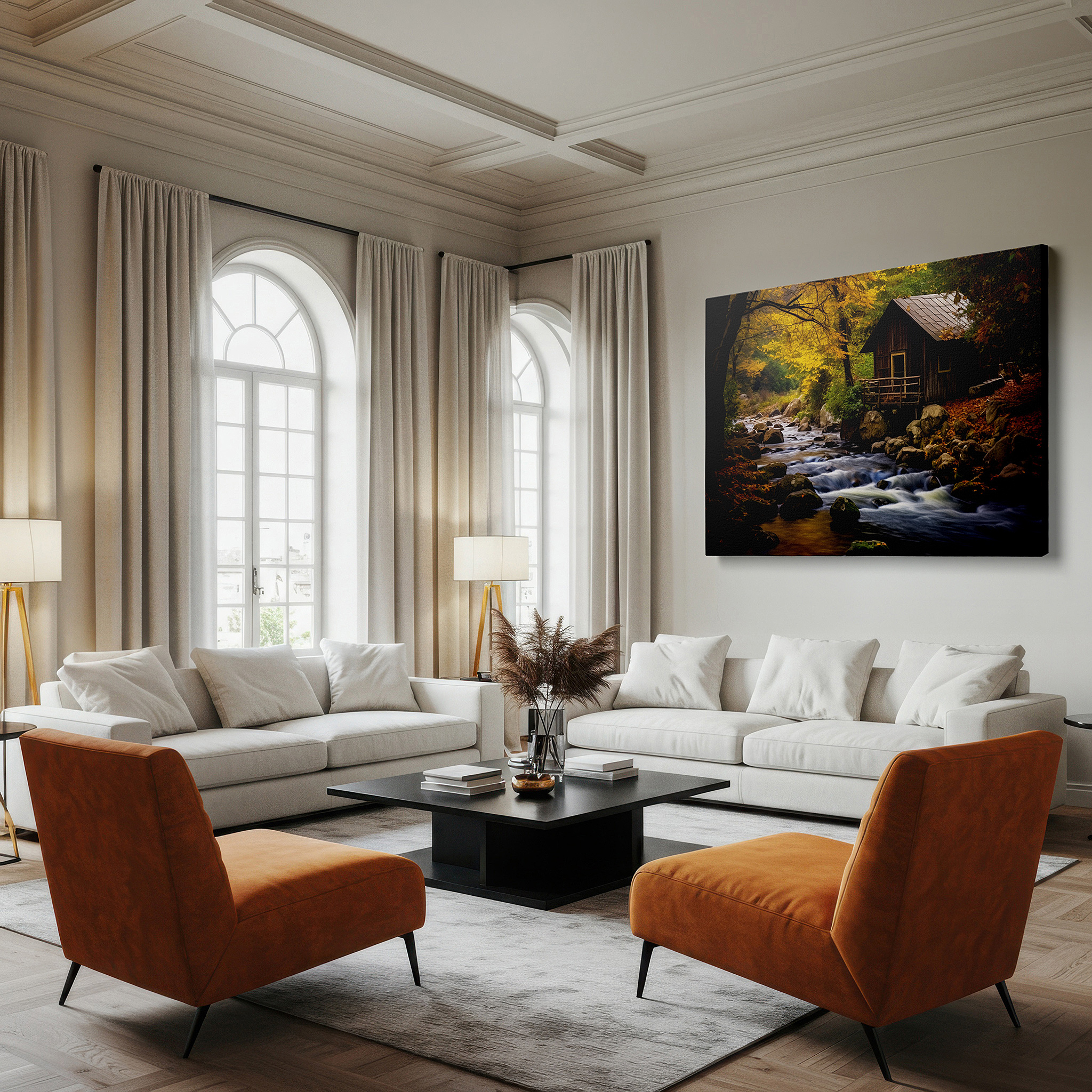 Close-up shows rich pigment, color blending, and brushwork texture — rustic wooden house and sparkling stream autumn sanctuary large canvas wall art for office and bedroom decor