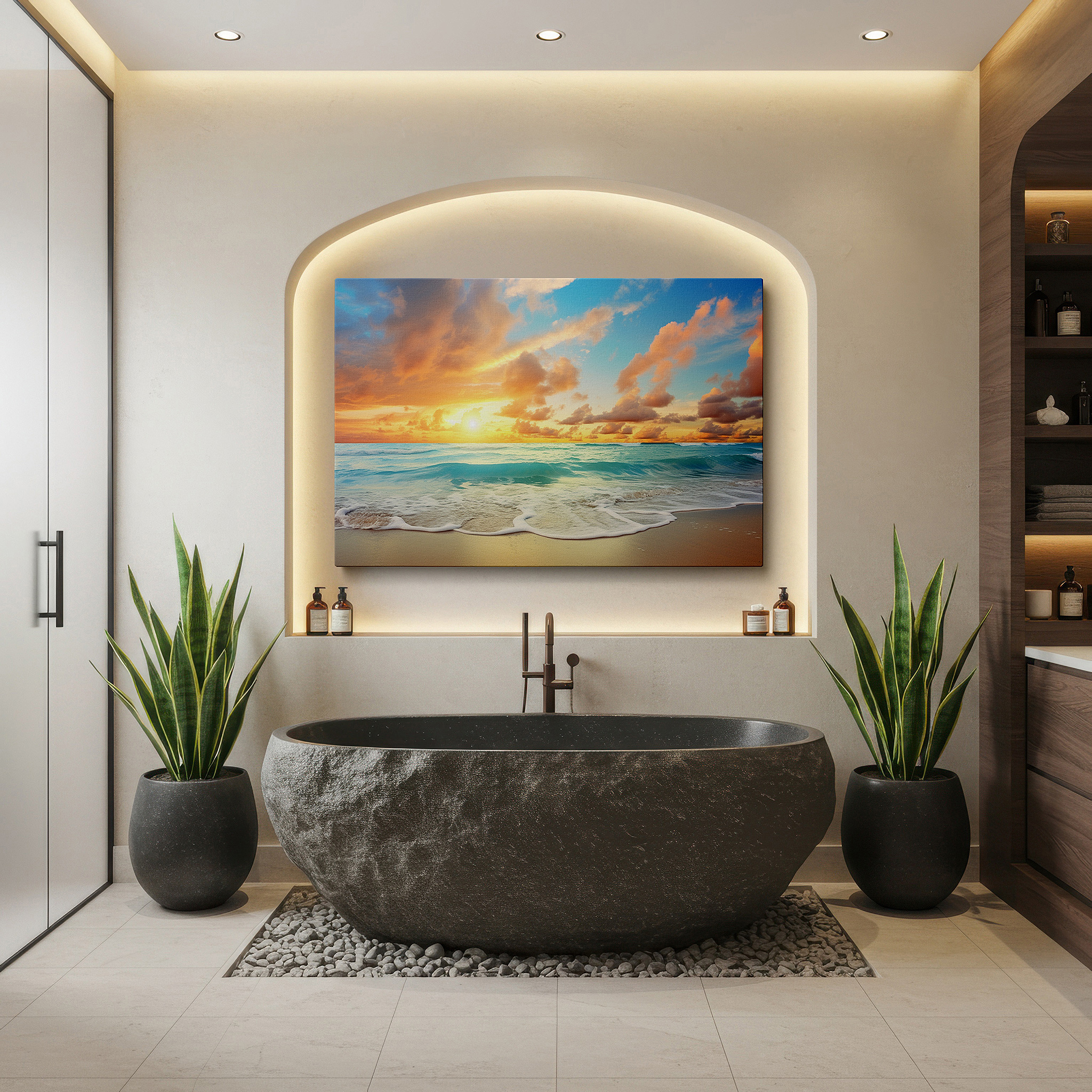 Close-up shows rich pigment, color blending, and brushwork texture — serene beach sunrise: tranquil morning beauty with golden light on ocean waves - large canvas wall art for home and office decor