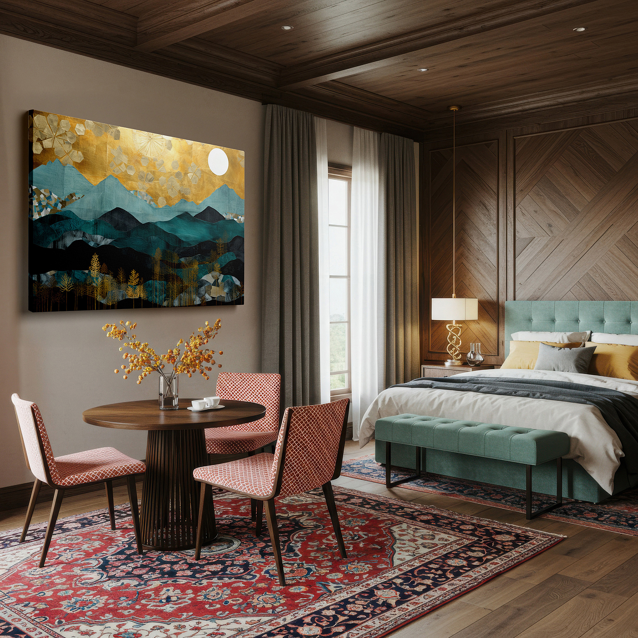 Close-up shows rich pigment, color blending, and brushwork texture — serene mountains and ethereal skies with subtle gold accents large wall art, canvas wall art, wall art decor, office wall art, bedroom wall art, living room wall art