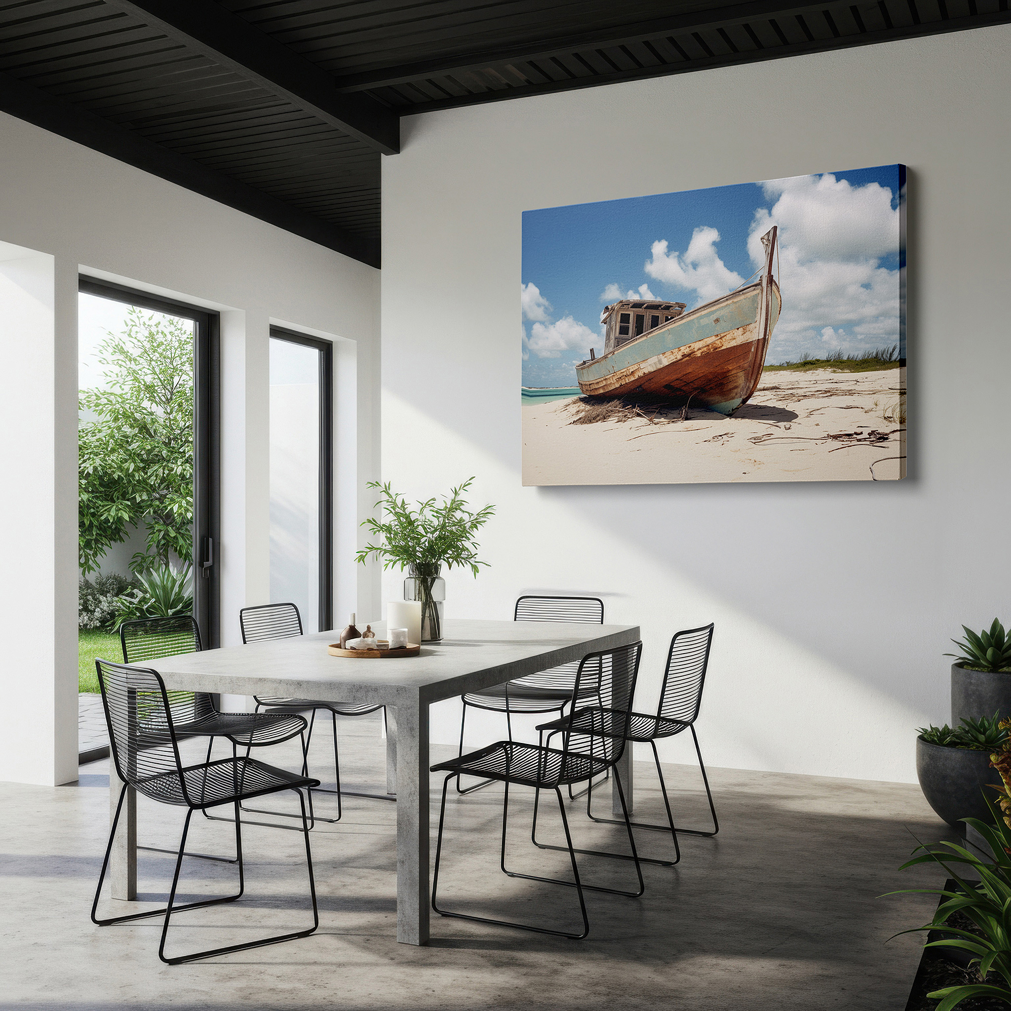 Close-up shows rich pigment, color blending, and brushwork texture — serene neglect - nature's peaceful embrace of an old fishing boat large wall art, canvas wall art, wall decor for office and bedroom