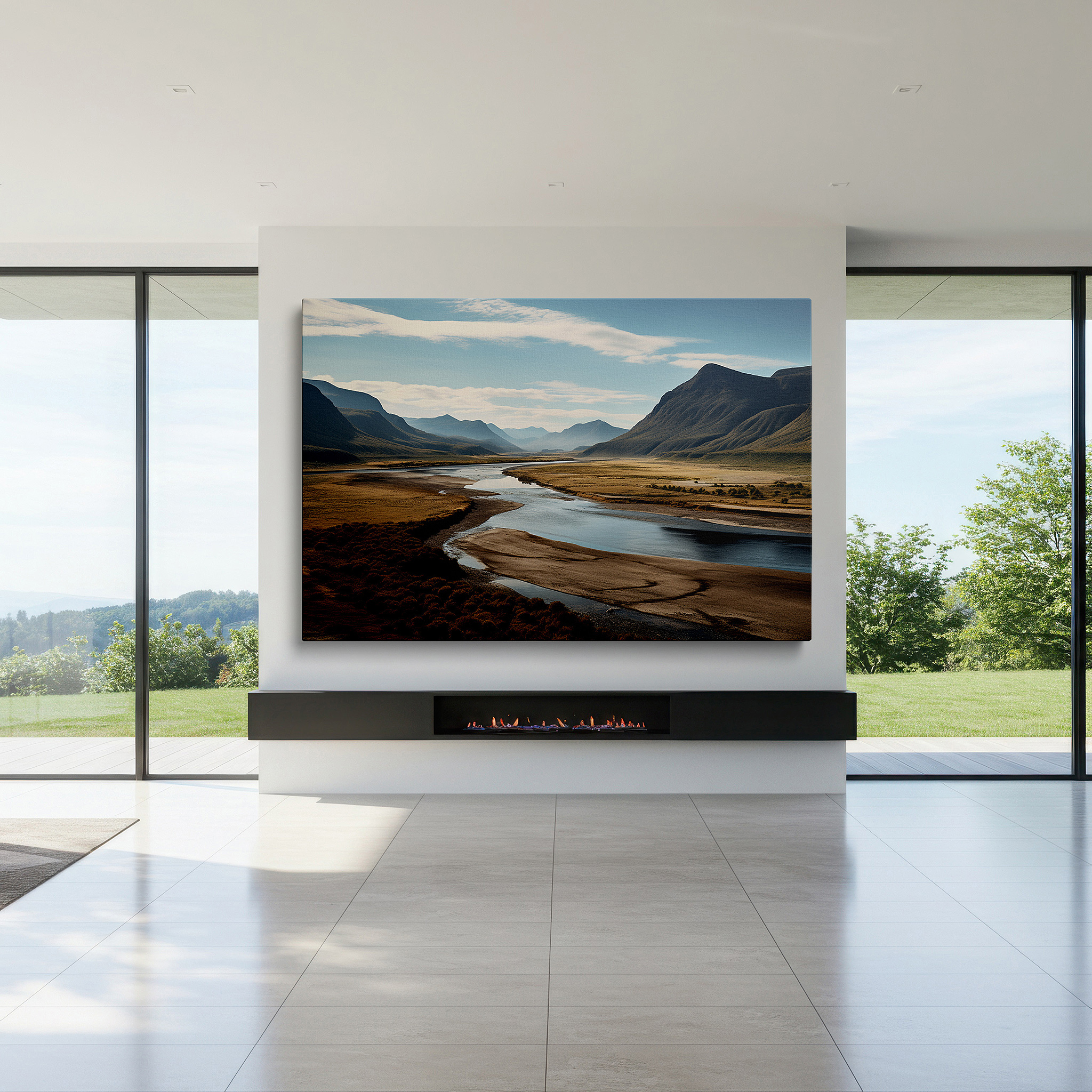 Close-up shows rich pigment, color blending, and brushwork texture — serene river and majestic mountains large canvas wall art - lush valley and pristine blue sky wall decor for office