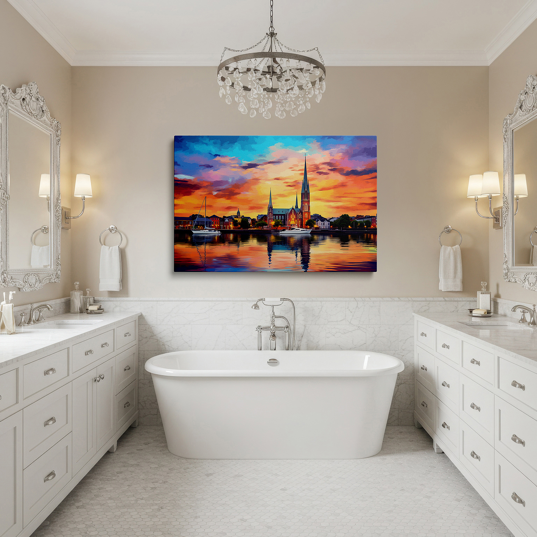 Close-up shows rich pigment, color blending, and brushwork texture — serene sanctuary historical church canvas wall art surrounded by nature, ideal for office, bedroom, and living room decor