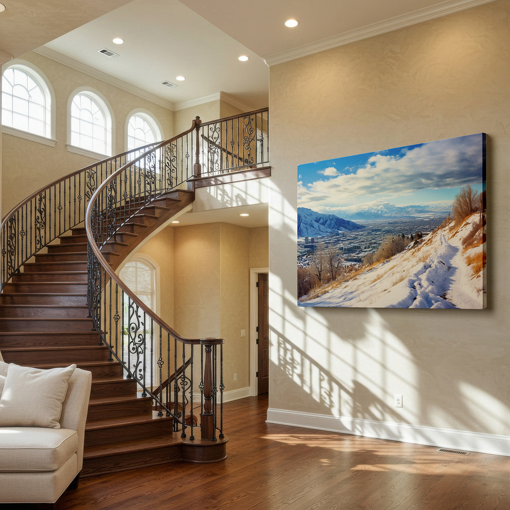 Close-up shows rich pigment, color blending, and brushwork texture — serene snowy valley with towering mountains and ethereal winter sky large canvas wall art for office and bedroom decor
