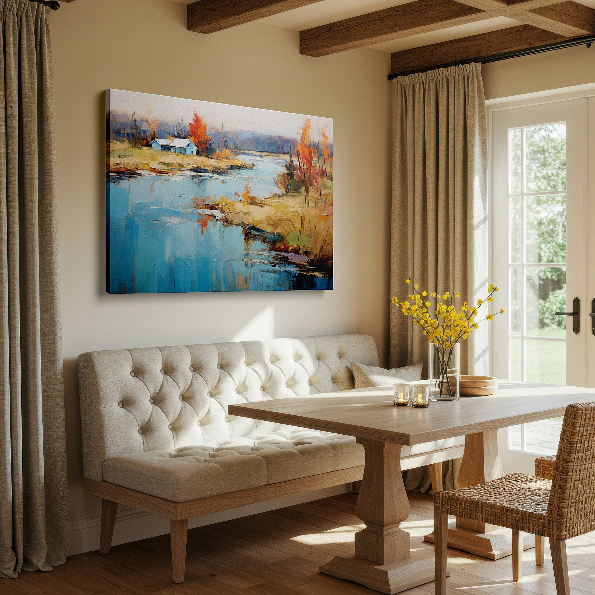 Close-up shows rich pigment, color blending, and brushwork texture — serene village scene with tranquil river and fiery autumn trees large canvas wall art for home and office decor