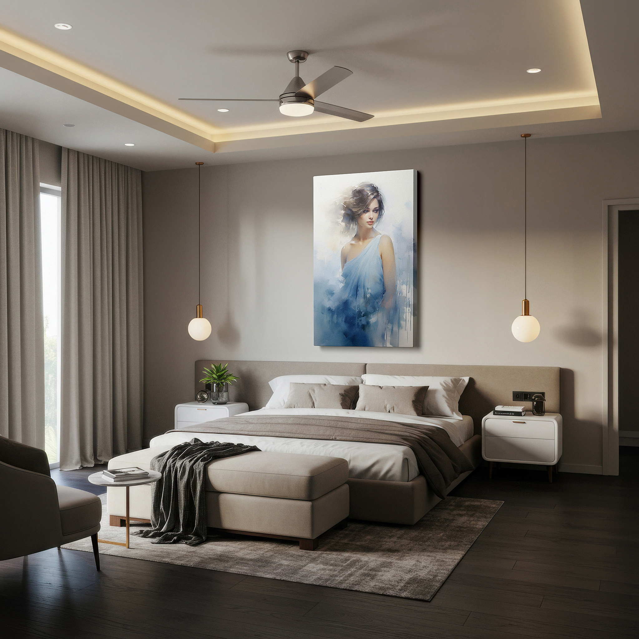 Close-up shows rich pigment, color blending, and brushwork texture — soft blue tranquility - serene woman in elegant flow, large wall art, canvas wall art, wall decor for office and bedroom