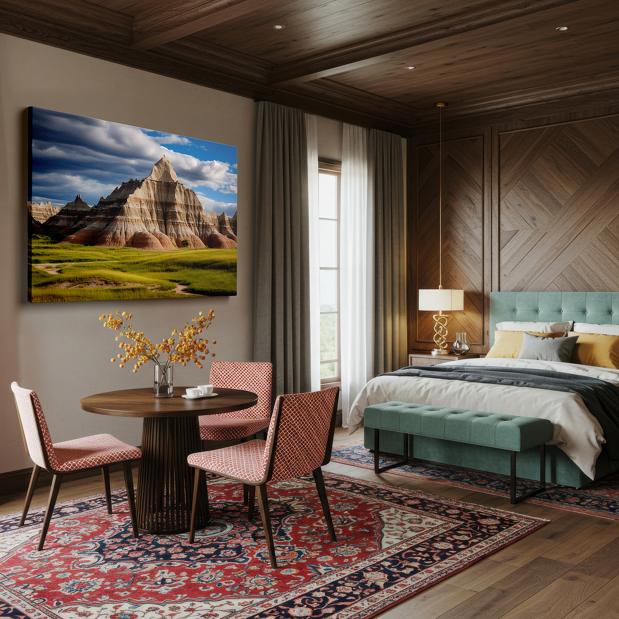 Close-up shows rich pigment, color blending, and brushwork texture — stunning badlands panorama featuring vibrant greenery and blue skies - large canvas wall art for office, bedroom, and living room decor