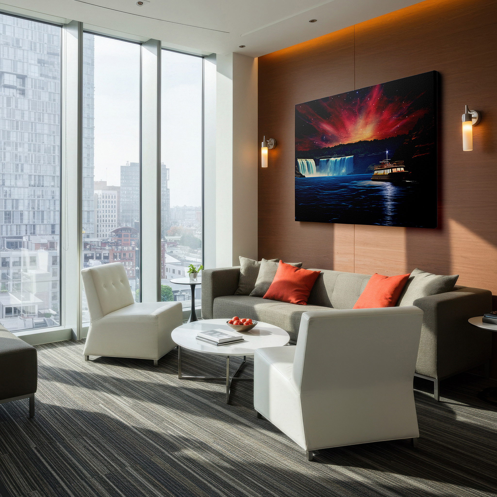 Close-up shows rich pigment, color blending, and brushwork texture — stunning waterfall and northern lights large canvas wall art, surrounded by lush greenery with starry sky reflections, perfect for office decor