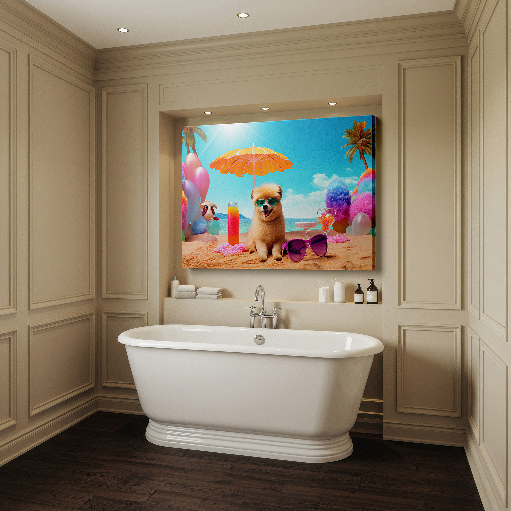 Close-up shows rich pigment, color blending, and brushwork texture — summer bliss: stylish pomeranian on a tropical beach - large canvas wall art for office and bedroom decor