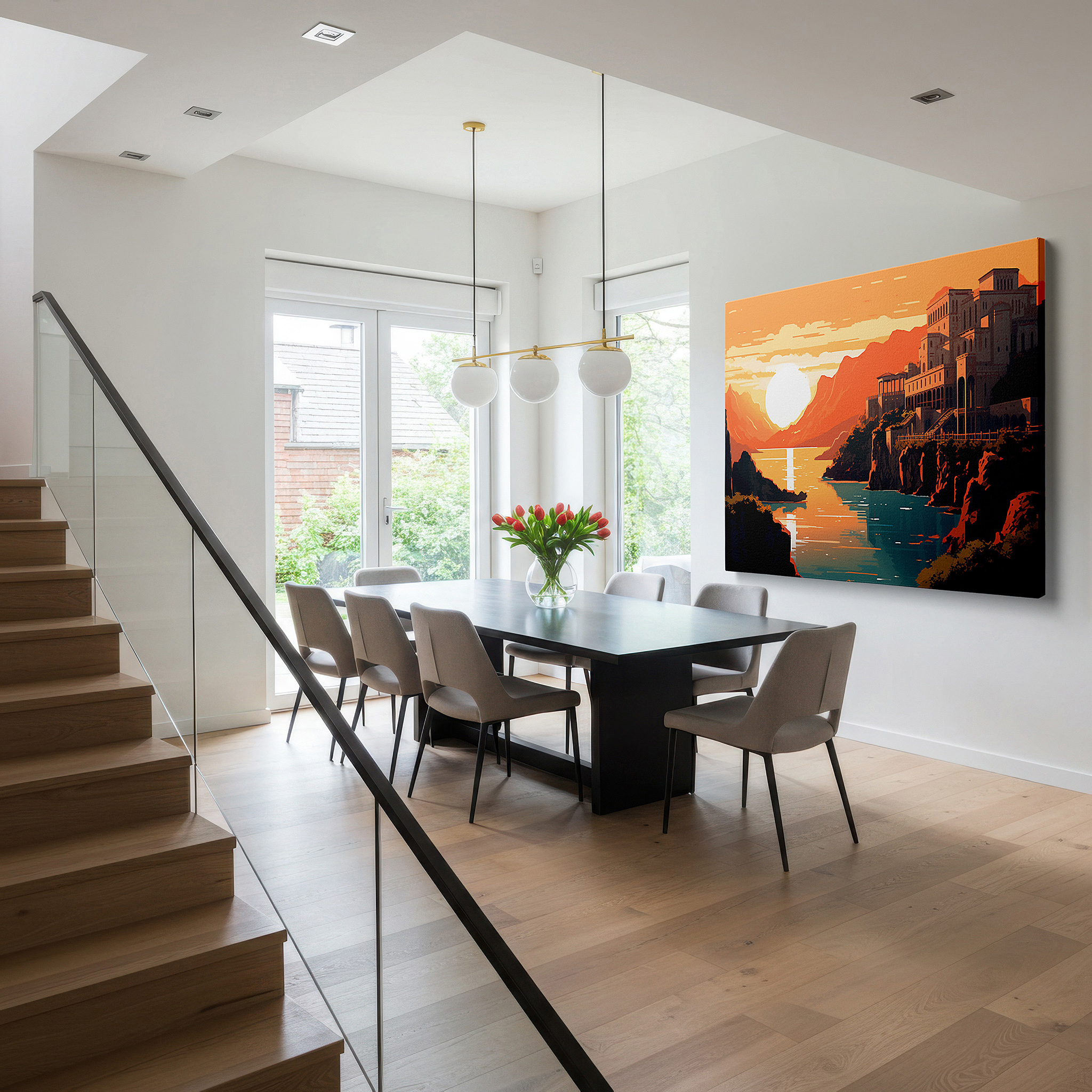 Close-up shows rich pigment, color blending, and brushwork texture — timeless harmony of historical architecture and sunset glow: large canvas wall art for office, bedroom, and living room decor