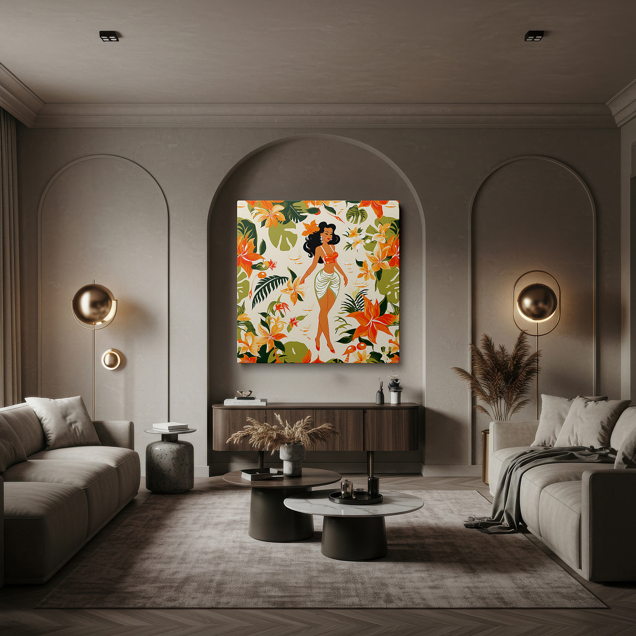 Close-up shows rich pigment, color blending, and brushwork texture — tropical paradise wall art featuring serene hawaiian woman - large canvas for office, bedroom, and living room decor
