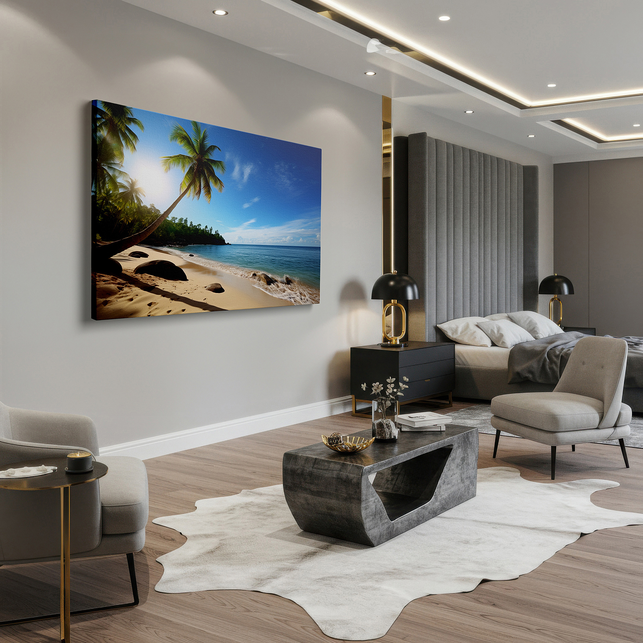 Close-up shows rich pigment, color blending, and brushwork texture — tropical serenity wall art featuring dancing palm fronds and golden sands, large canvas for home and office decor