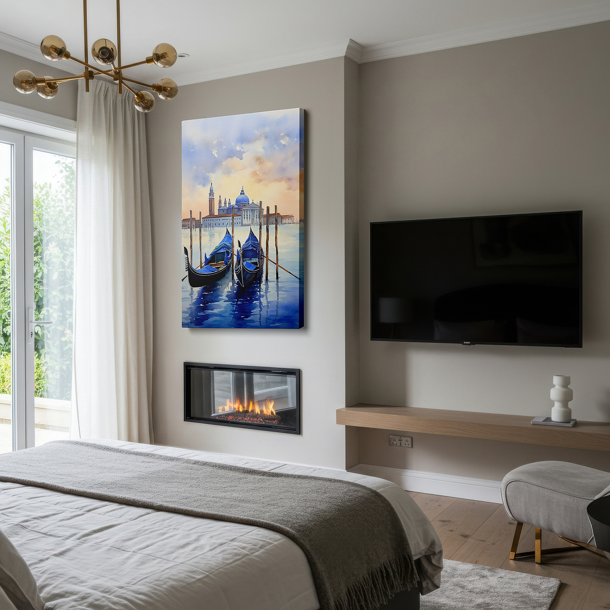 Close-up shows rich pigment, color blending, and brushwork texture — venetian sunset wall art: serene gondolas and reflective lagoon waters - large canvas for home and office decor