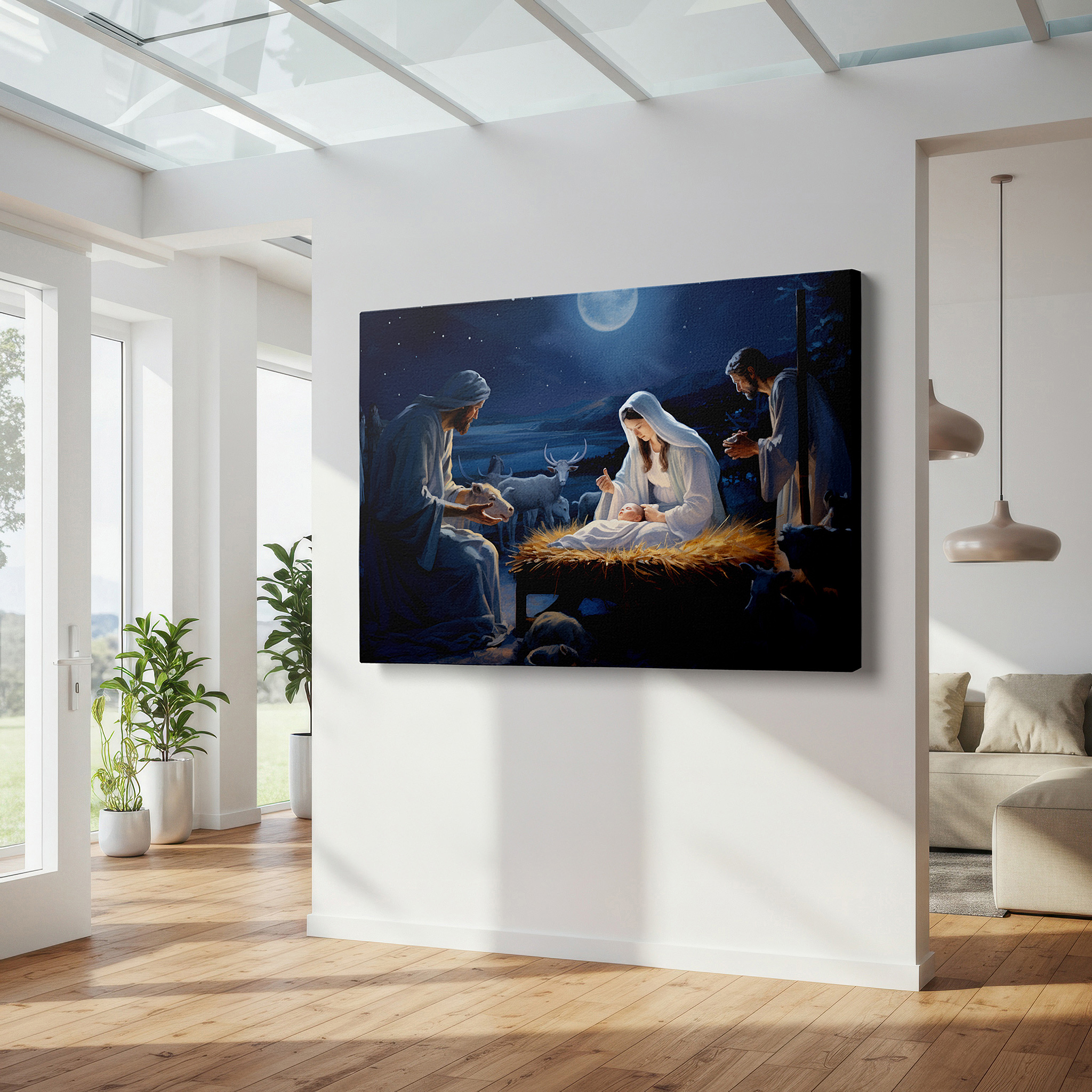 Close-up shows rich pigment, color blending, and brushwork texture — wall art: capturing the miracle of birth with a symphony of emotions in a rustic and tranquil setting - large canvas art for home and office decor
