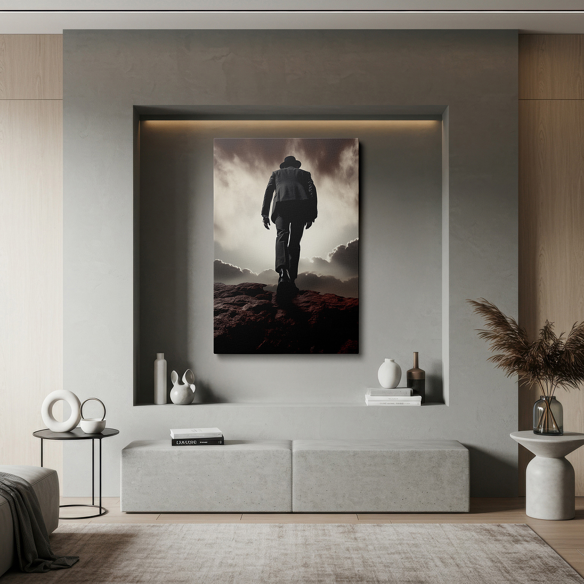 Close-up shows rich pigment, color blending, and brushwork texture — wall art: "the journey of solitude and struggle under a tumultuous sky" - large canvas for office, bedroom, and living room decor
