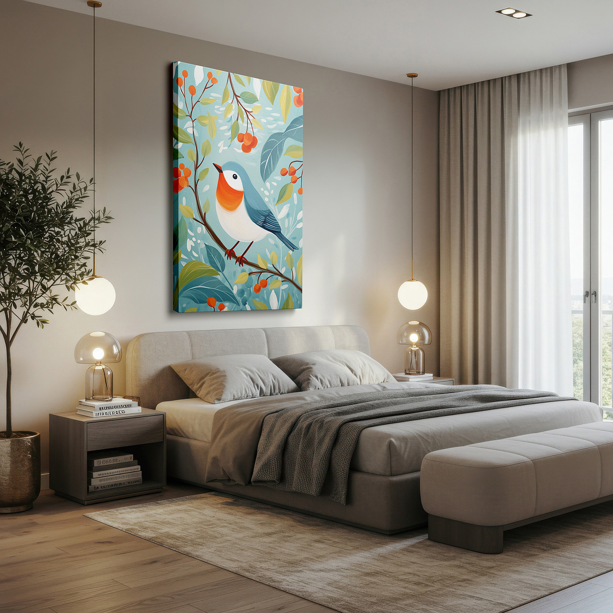 Close-up shows rich pigment, color blending, and brushwork texture — wall art: lush foliage with vivid bird - a tranquil homage to nature's beauty. ideal for office, bedroom, and home decor, available as large canvas wall art.