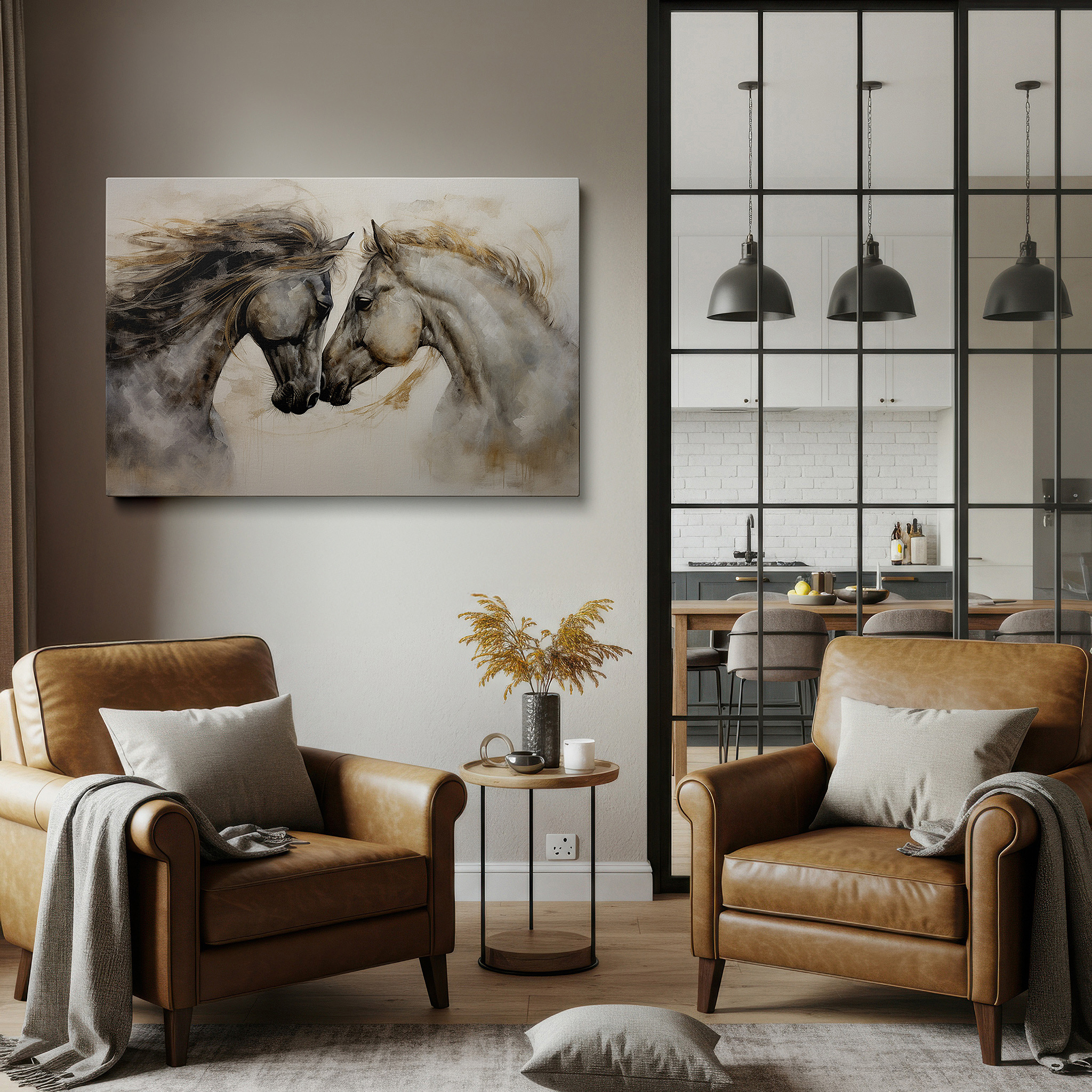 Close-up shows rich pigment, color blending, and brushwork texture — wall art: serene connection of two horses in perfect unity - large canvas wall art for office, bedroom, and living room decor