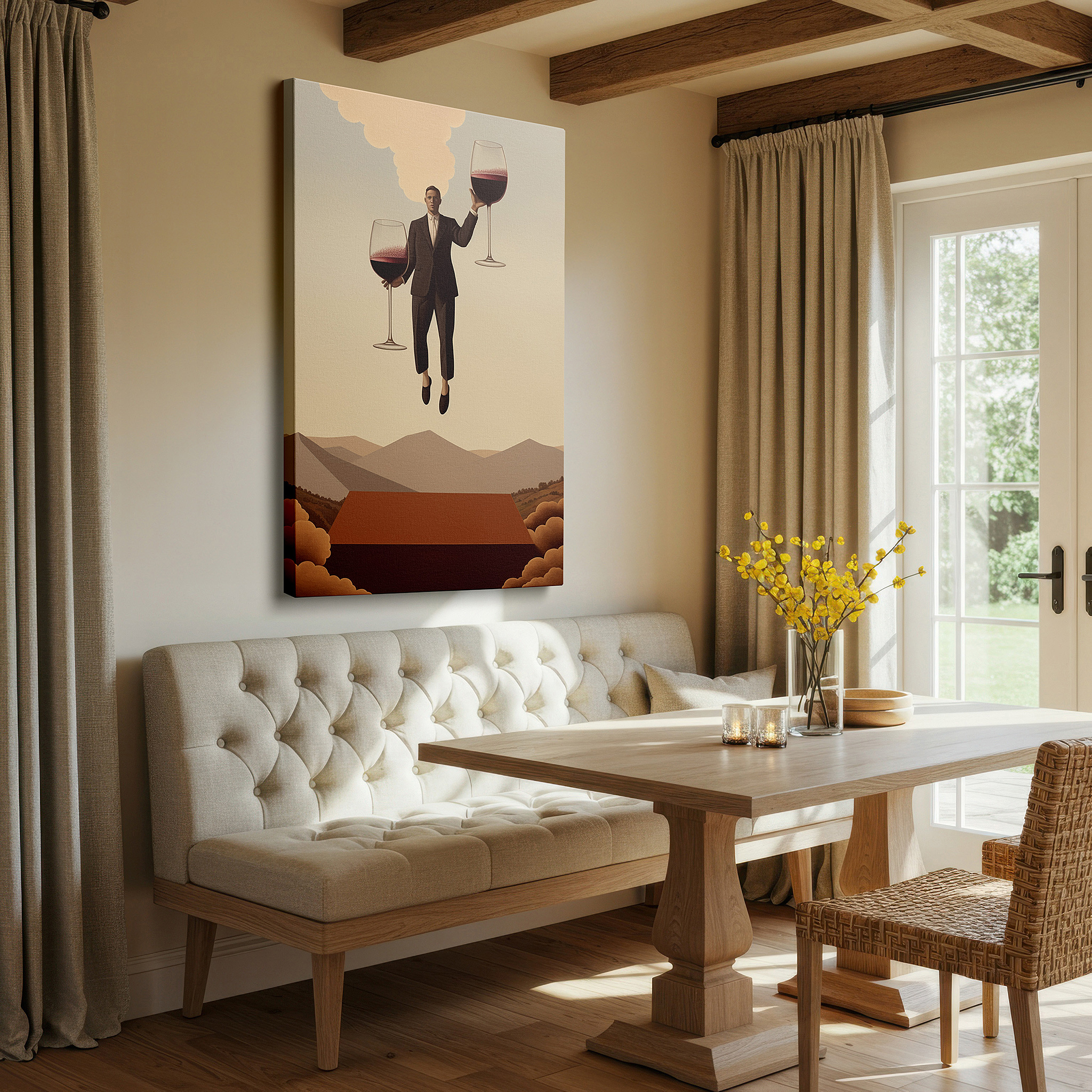 Close-up shows rich pigment, color blending, and brushwork texture — wall art: serene man balancing wine glasses above minimalist landscape - large canvas art for office and bedroom decor