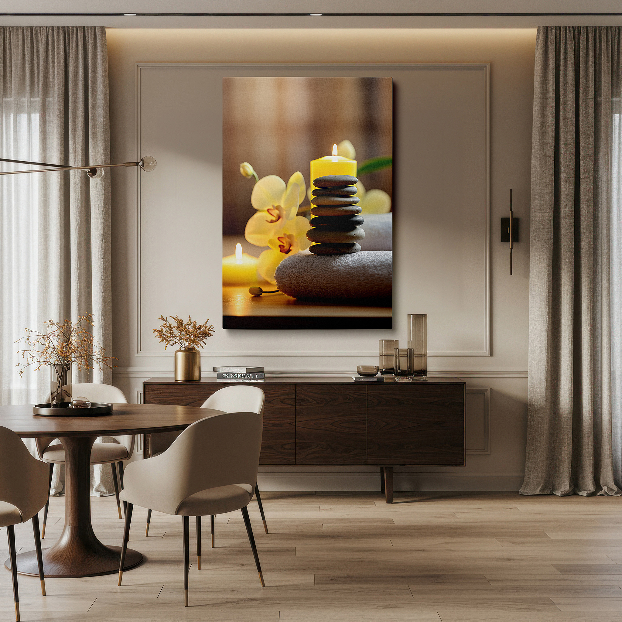 Close-up shows rich pigment, color blending, and brushwork texture — wall art: tranquil spa stones, graceful orchids, and gentle candlelight - a harmonious display of calm and serenity. large canvas wall art for home and office decor.
