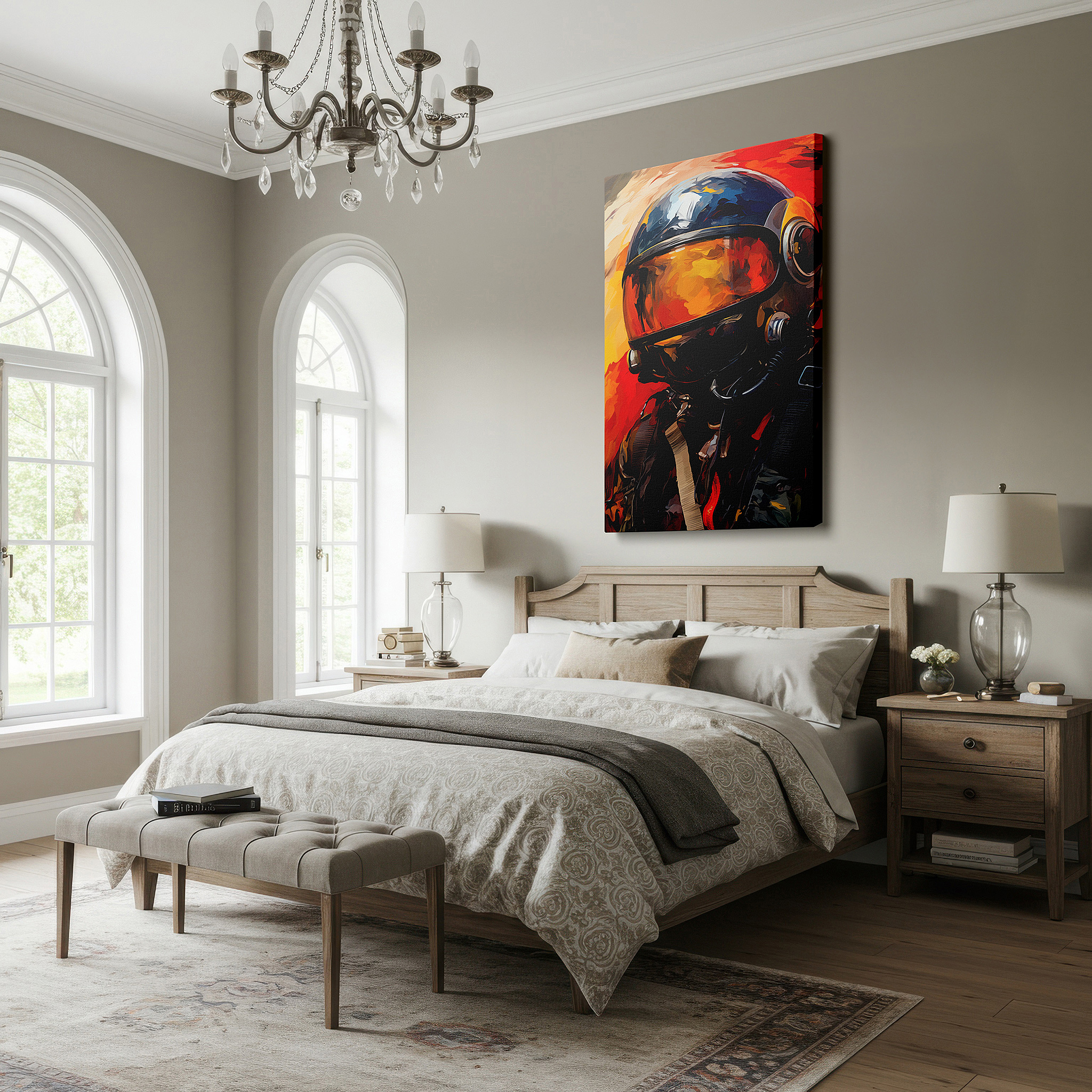 Close-up shows rich pigment, color blending, and brushwork texture — wall decor: advanced aviation and exploration, pilot with modern helmet against a fiery sky, large canvas wall art for office decor