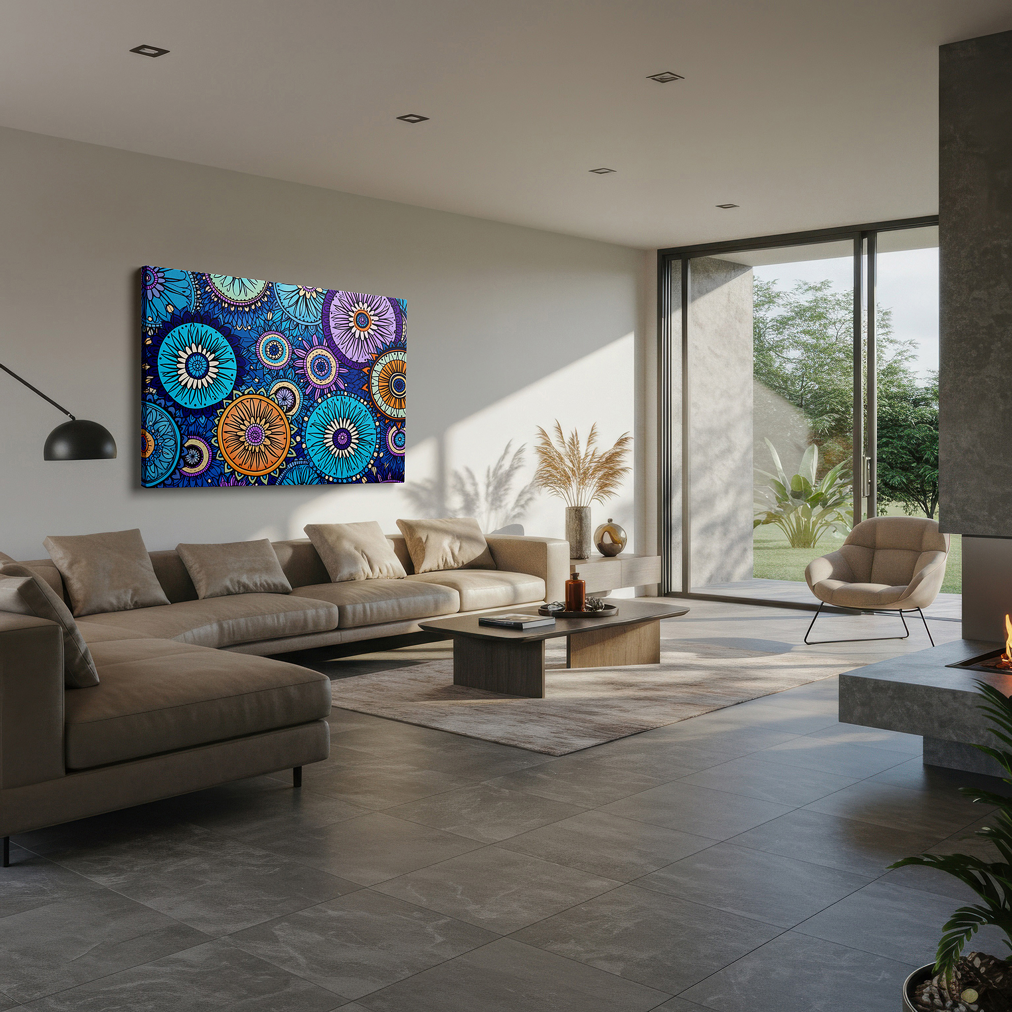 Close-up shows rich pigment, color blending, and brushwork texture — wall decor: vibrant circular designs blending geometric sharpness with floral grace - ideal for office, bedroom, and living spaces