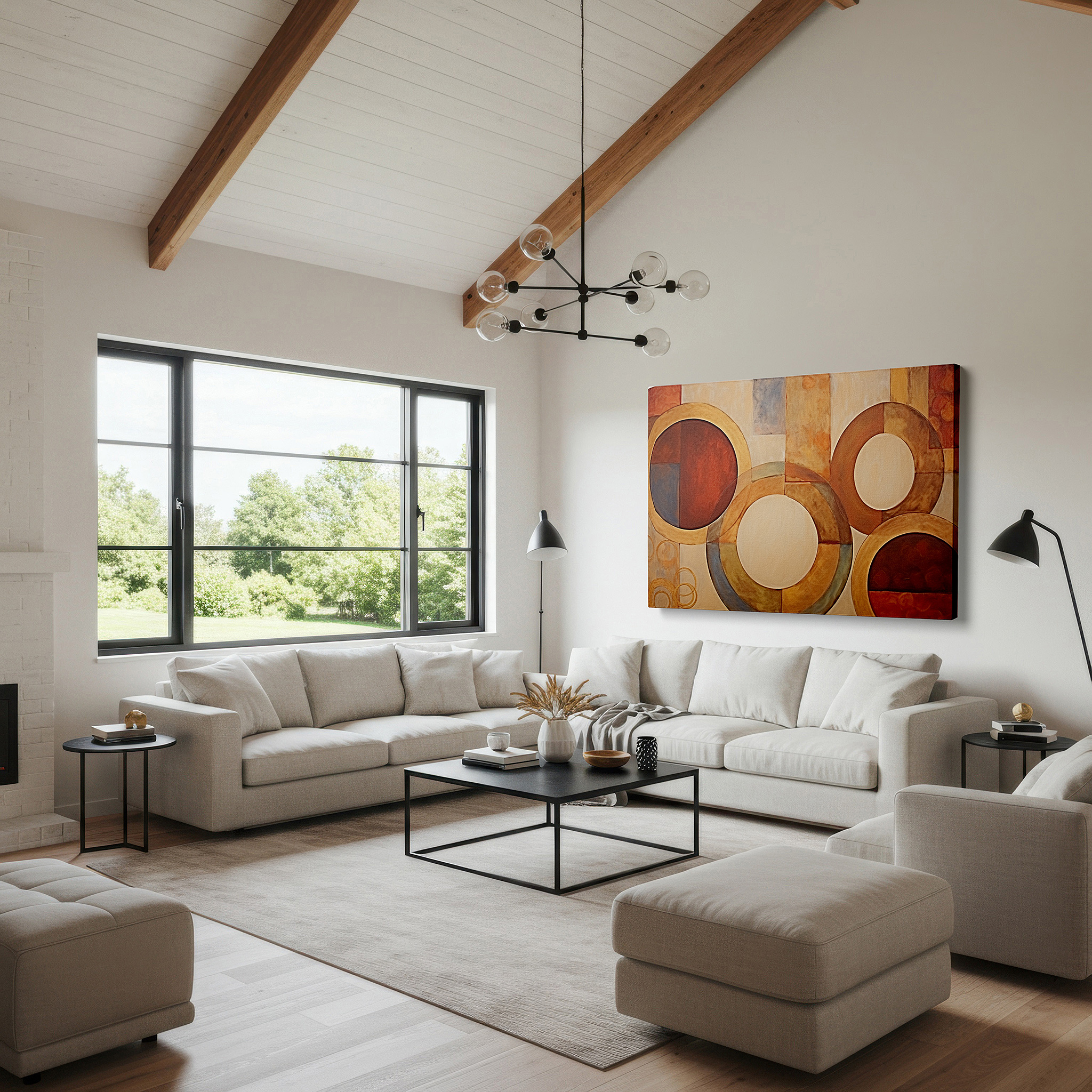Close-up shows rich pigment, color blending, and brushwork texture — warm earthy tones interlocking circles symbolizing unity and continuity, large canvas wall art for office decor