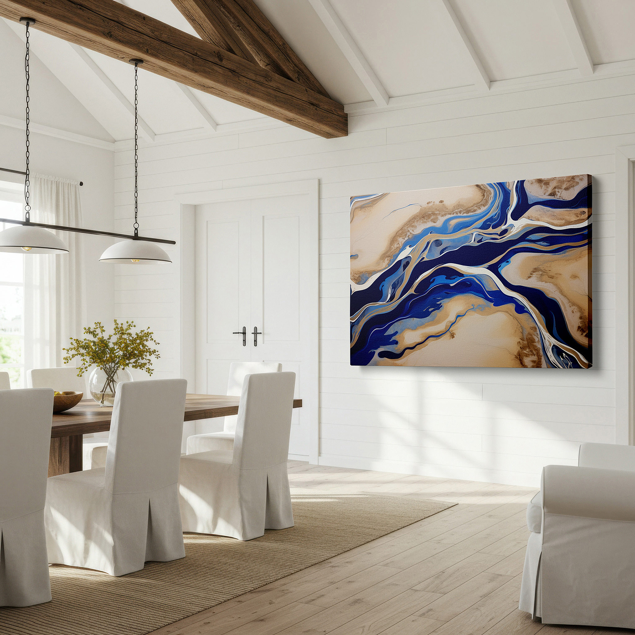 Displayed above a contemporary leather sofa in warm light — abstract enchanting waterways wall art in vivid blues and earthy tones, large canvas for office, bedroom, and living room decor