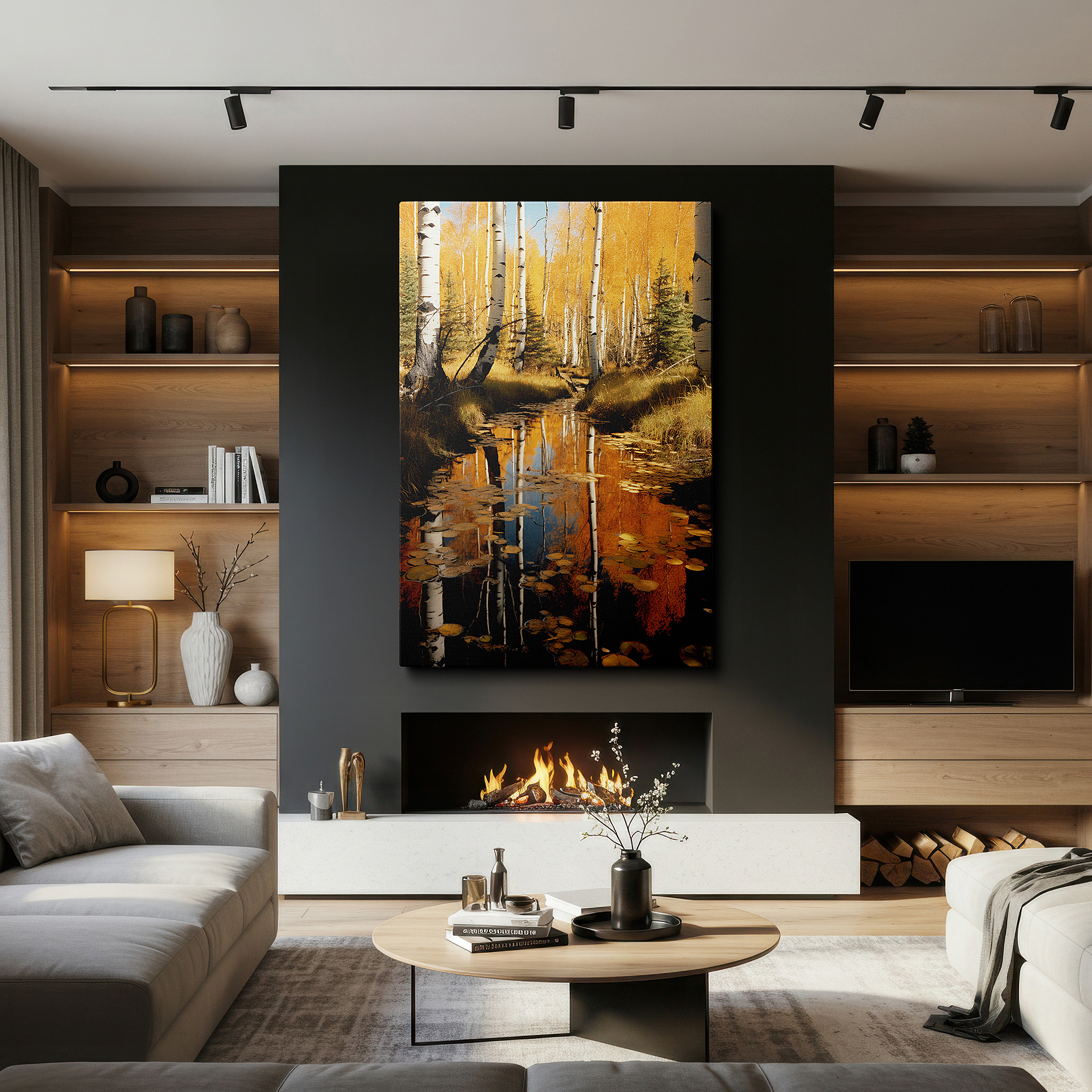 Displayed above a contemporary leather sofa in warm light — autumn aspen reflections on a tranquil forest pond - large canvas wall art for office, bedroom, and living room decor