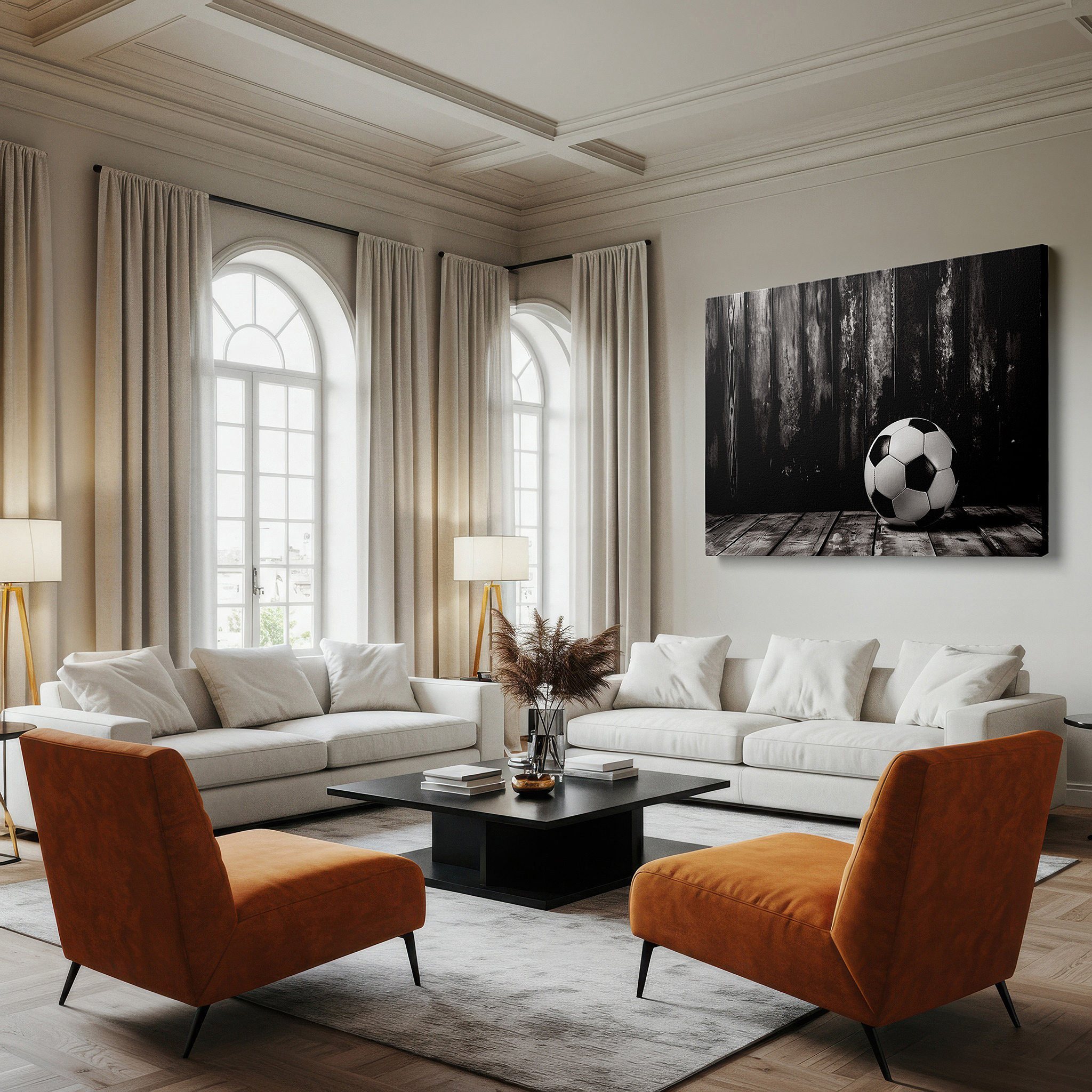 Displayed above a contemporary leather sofa in warm light — black and white soccer ball on rustic wooden floor - timeless tribute to the beautiful game, large canvas wall art for office decor