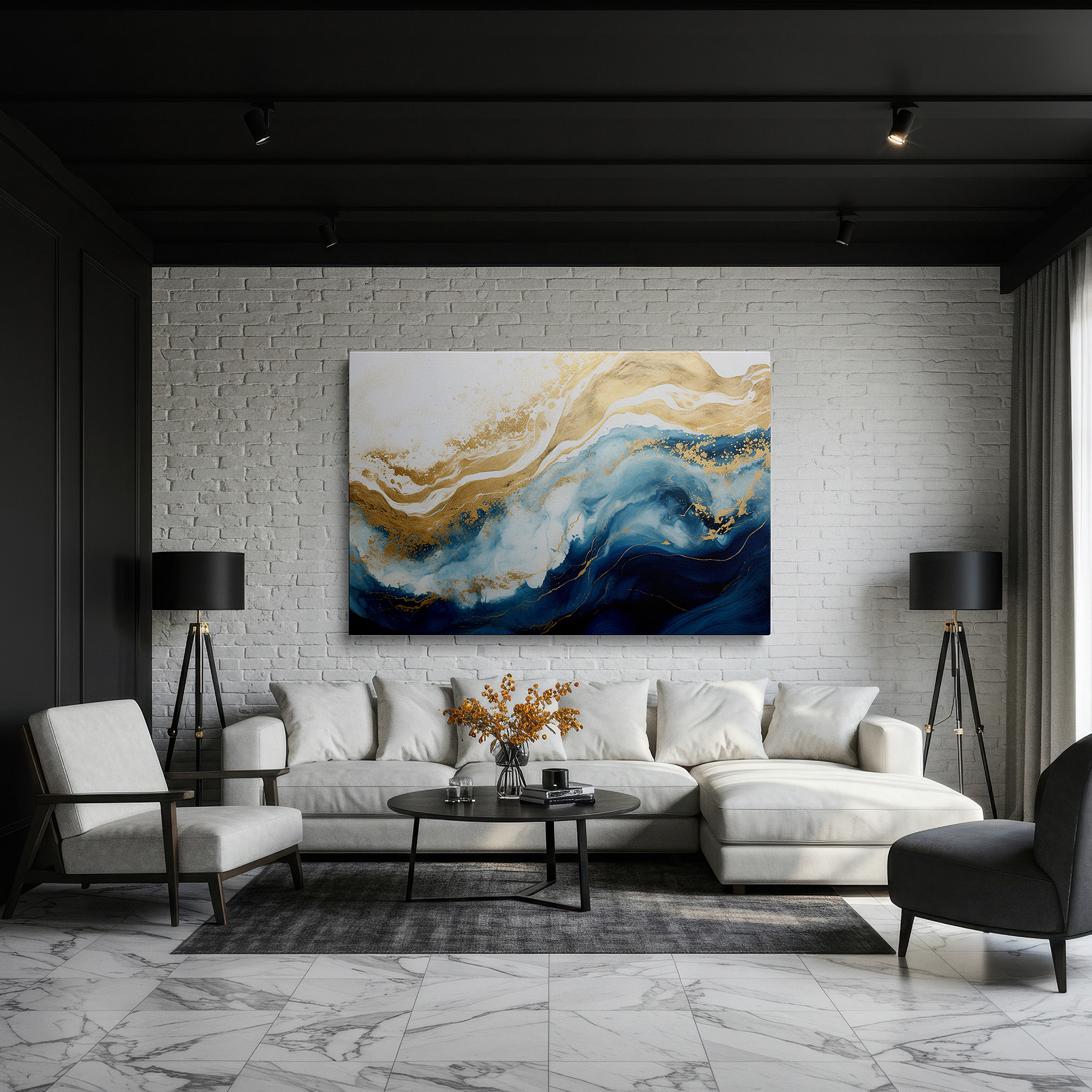 Displayed above a contemporary leather sofa in warm light — blue and gold swirling ocean-inspired masterpiece: tranquil large wall art for modern decor, canvas wall art, office wall decor