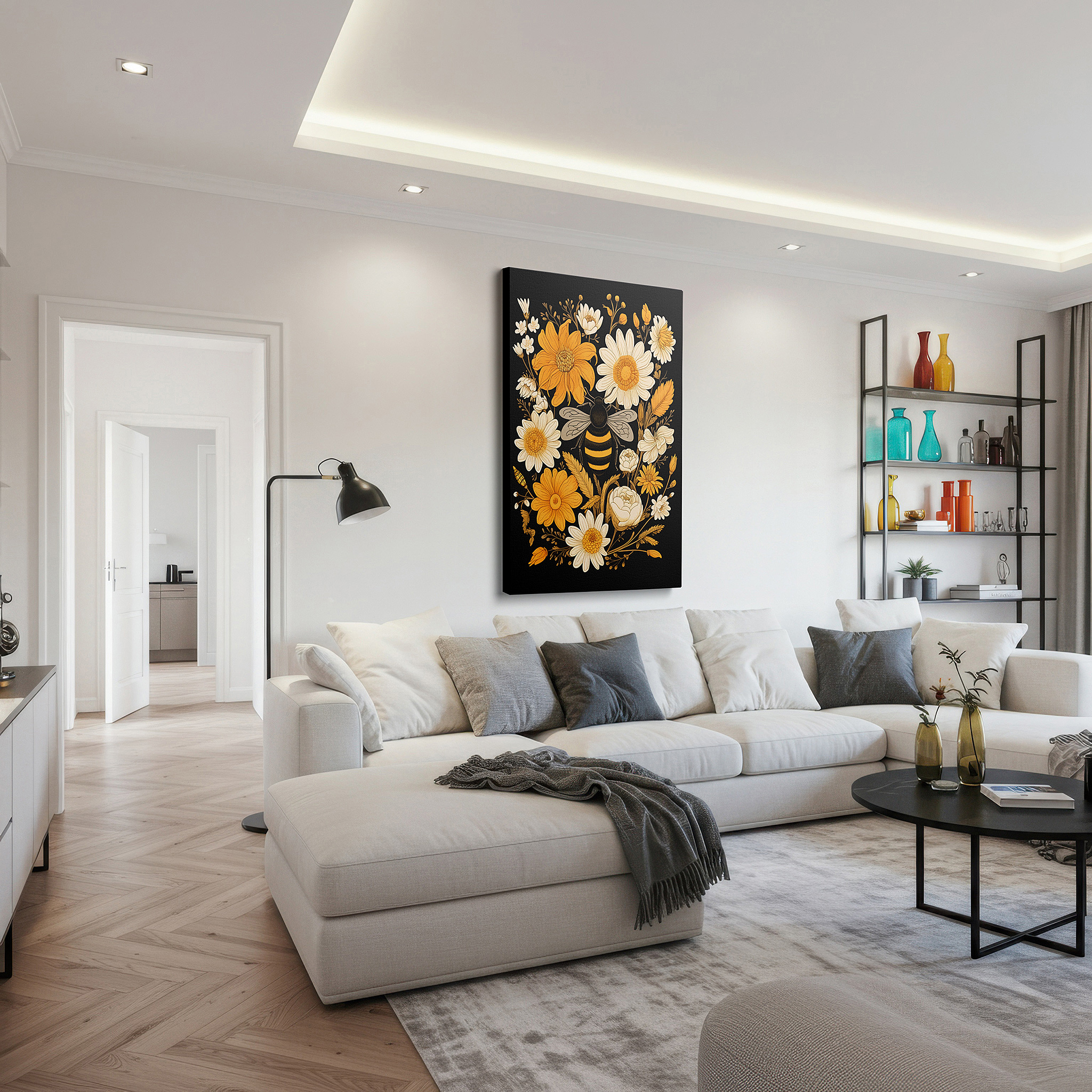 Displayed above a contemporary leather sofa in warm light — bright yellow flowers and essential bees: a display of nature's fragile harmony - large wall art, canvas wall art, wall decor for office