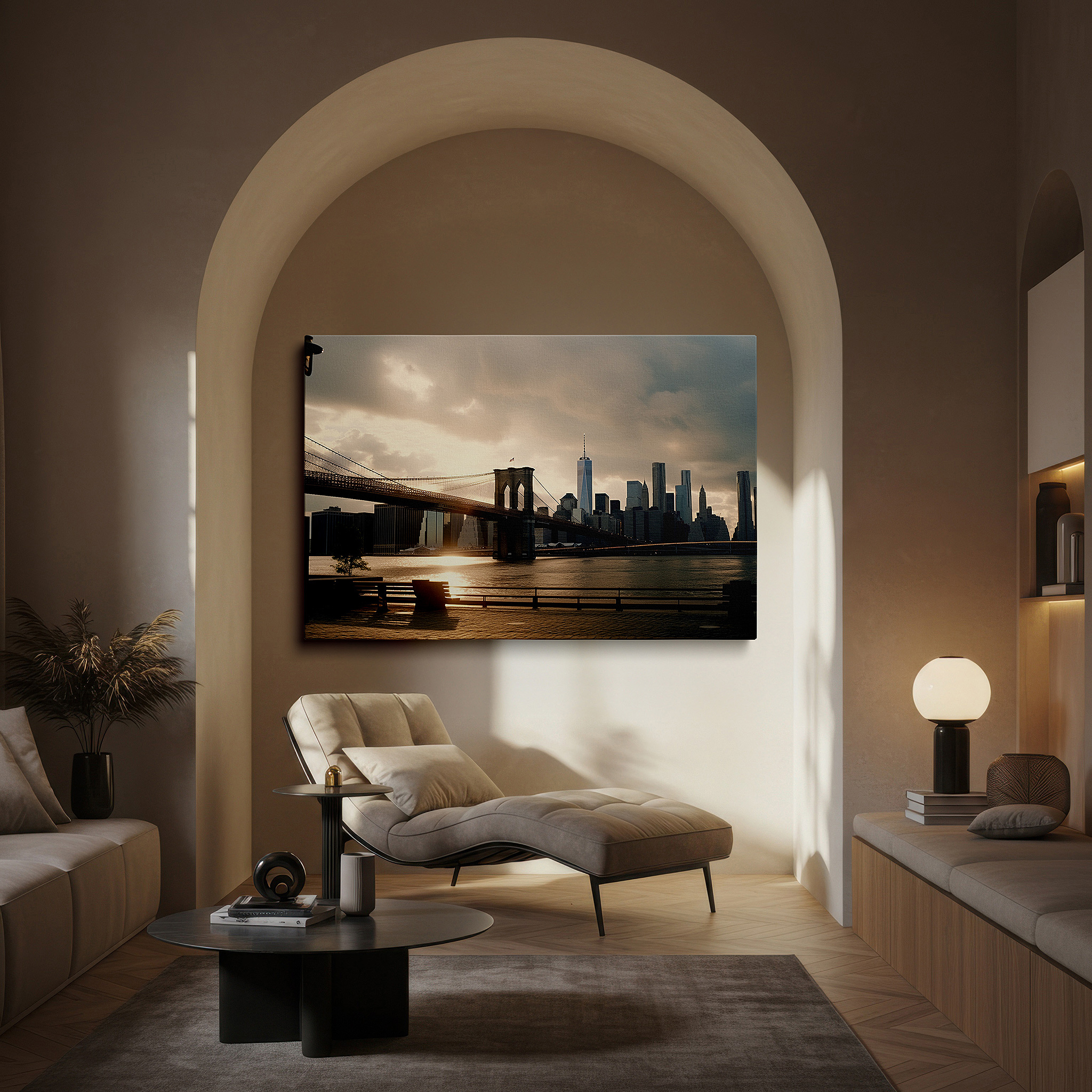 Displayed above a contemporary leather sofa in warm light — brooklyn bridge at sunset wall art - a serene mix of cityscape and nature, large canvas art for home and office decor, perfect for living room and bedroom
