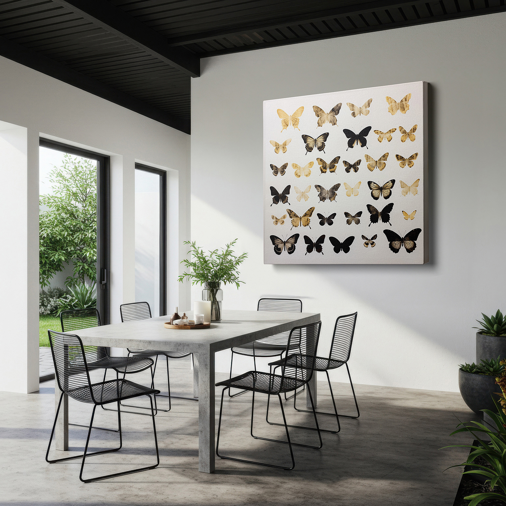 Displayed above a contemporary leather sofa in warm light — butterfly symphony wall art: celebrating the vibrant intricacies of nature - large canvas for home and office decor