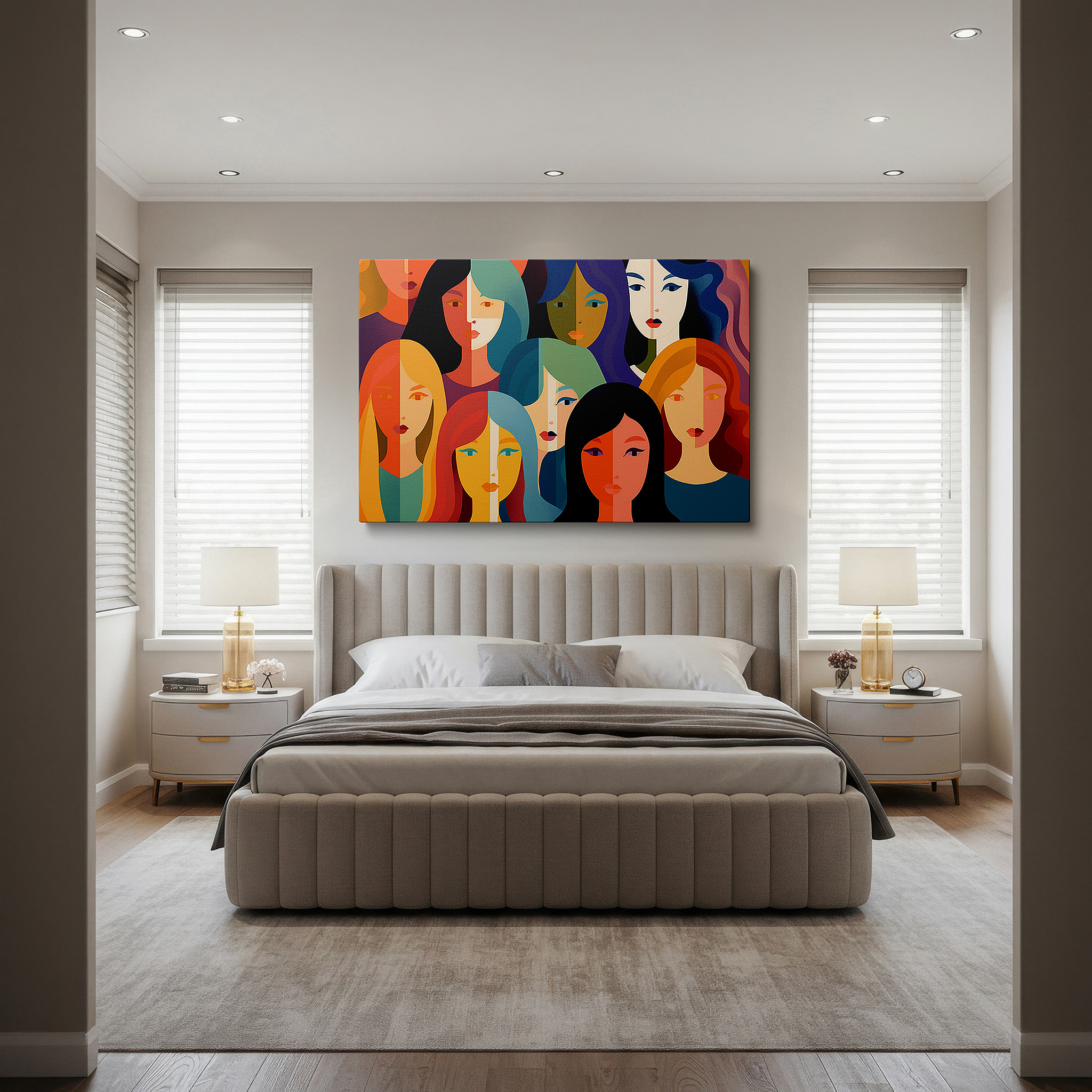 Displayed above a contemporary leather sofa in warm light — a colorful celebration of femininity, diversity, and empowerment featuring dynamic faces and hues in large wall art, canvas wall art, and wall decor.