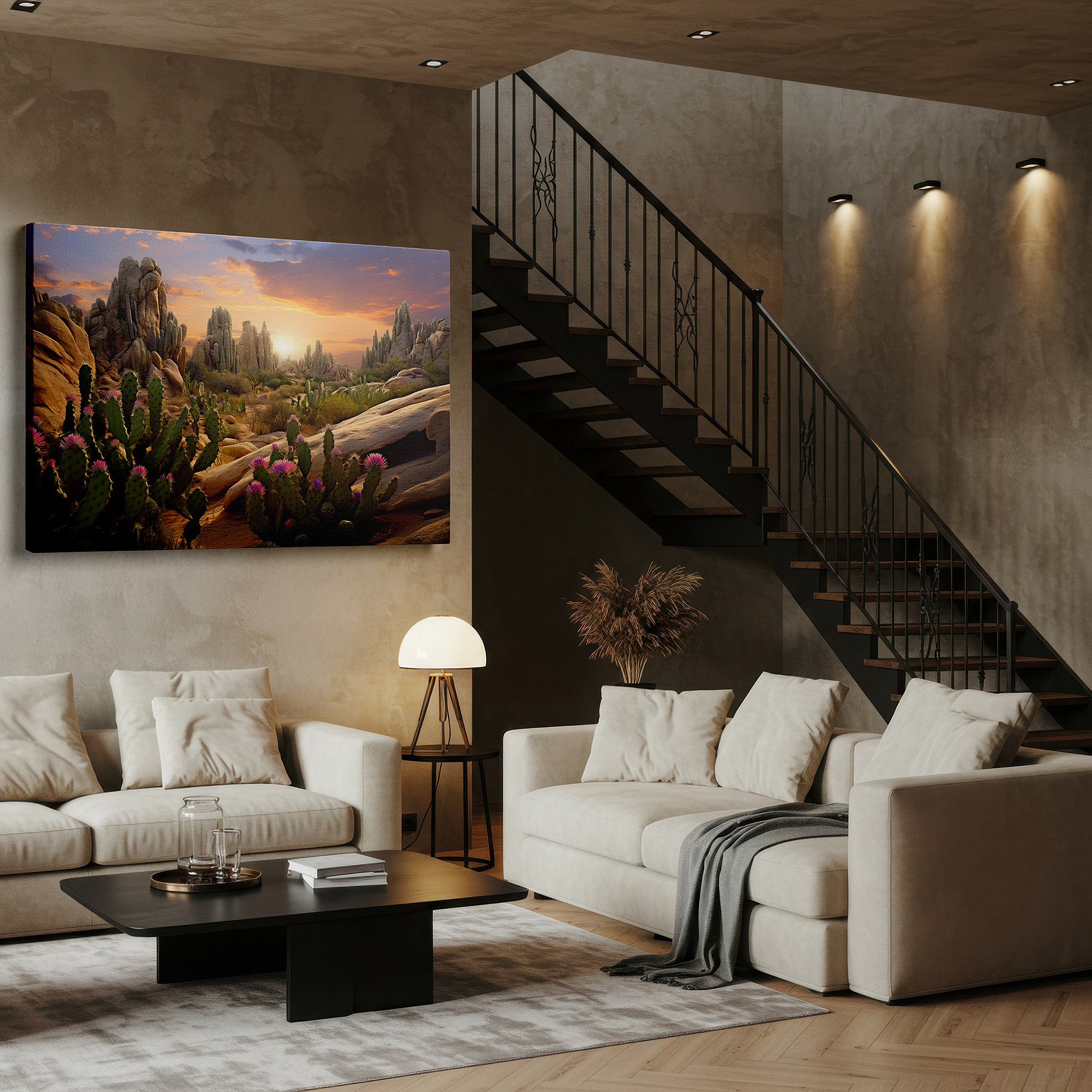 Displayed above a contemporary leather sofa in warm light — desert sunset celebration: rugged natural beauty with cactus silhouettes and vibrant wildflowers - large canvas wall art