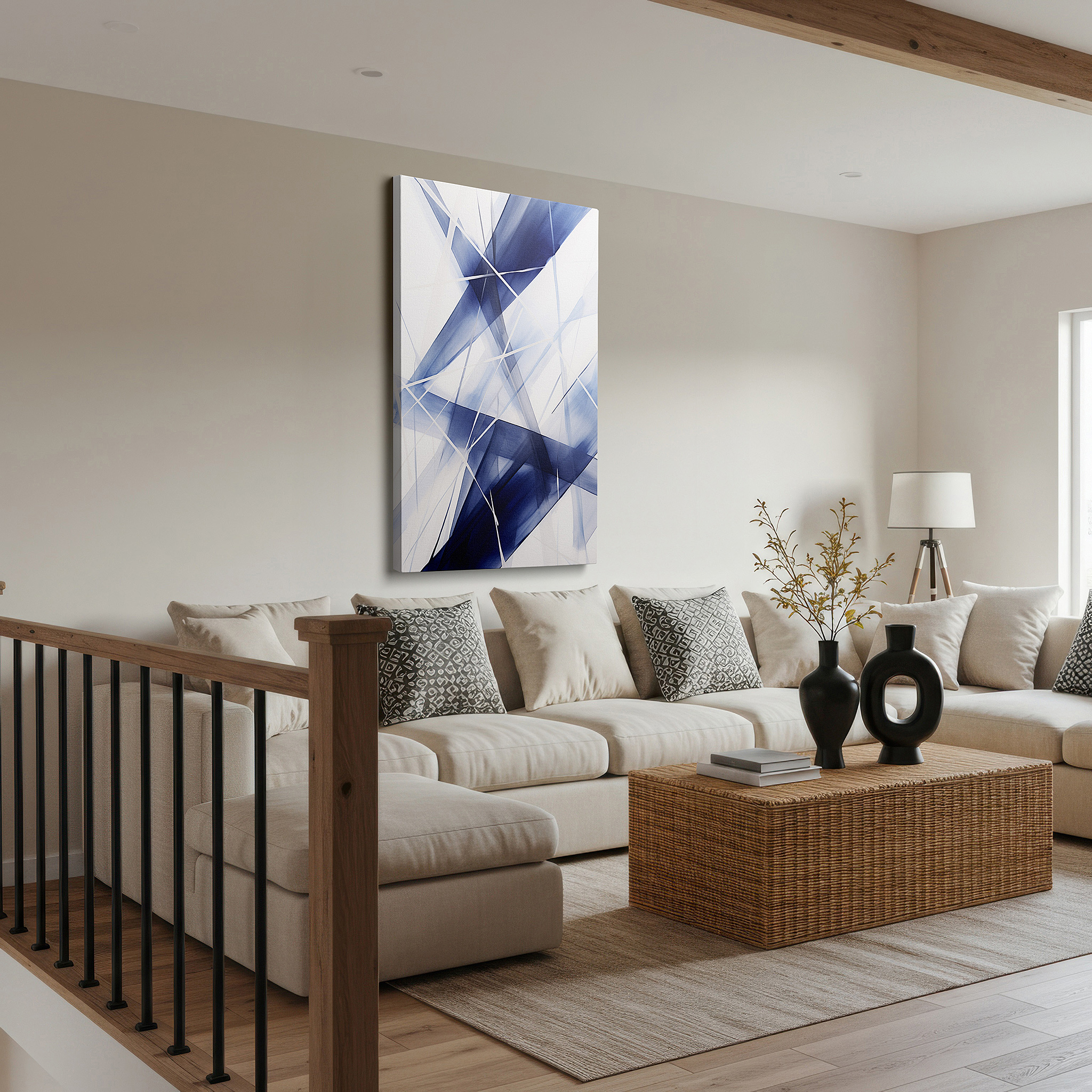 Displayed above a contemporary leather sofa in warm light — dynamic blue and white symphony: abstract energy and movement large wall art, canvas wall art, wall decor for office and bedroom
