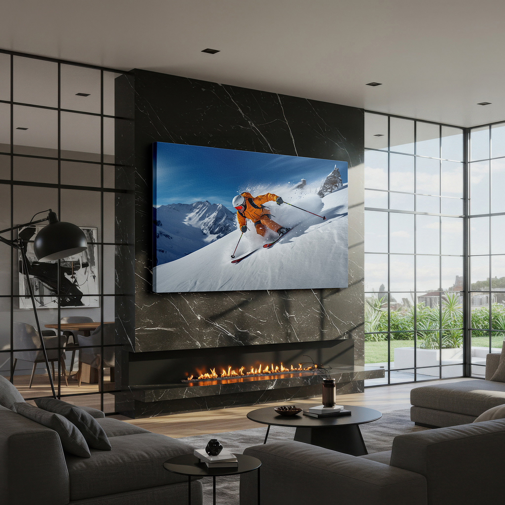Displayed above a contemporary leather sofa in warm light — dynamic skier in orange against pristine snow and majestic peaks - large canvas wall art for office and bedroom decor