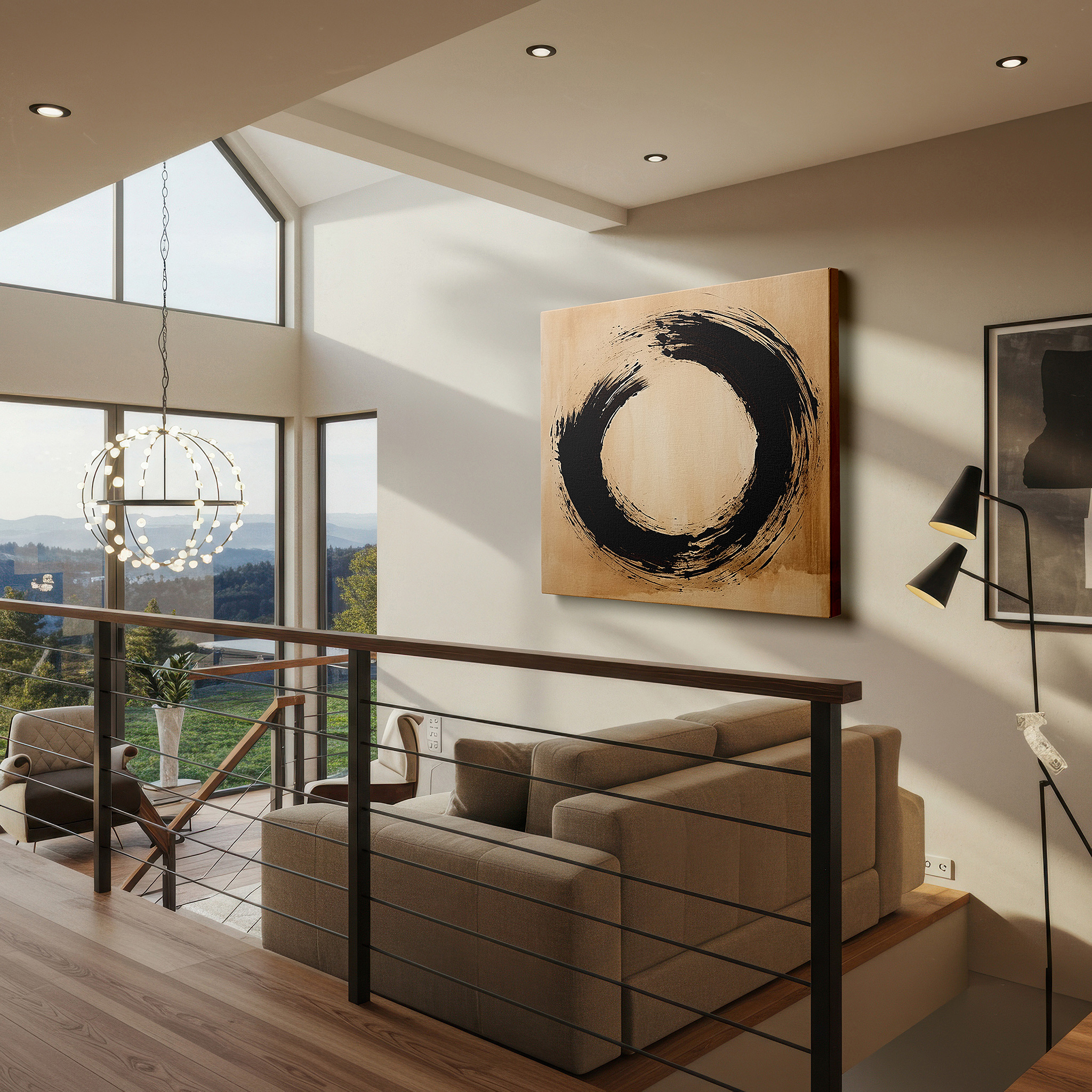 Displayed above a contemporary leather sofa in warm light — earthy tones zen circle of enlightenment and elegance large canvas wall art for office, bedroom, and living room decor