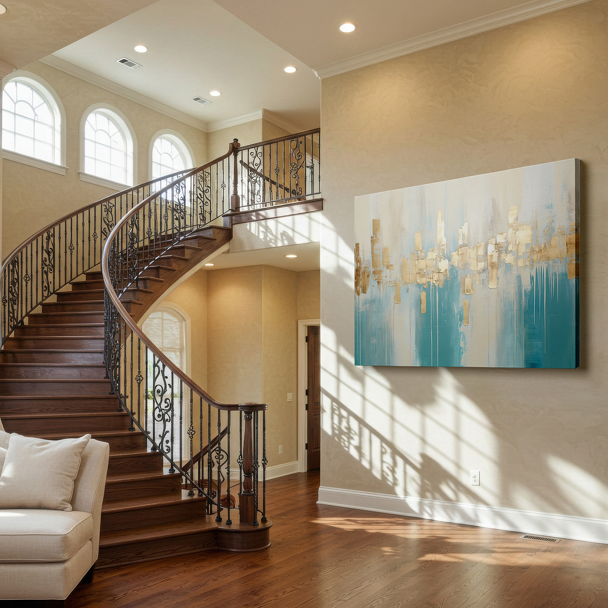 Displayed above a contemporary leather sofa in warm light — elegant gold and aqua abstract artwork for contemporary decor, large canvas wall art for living spaces, office, and bedroom