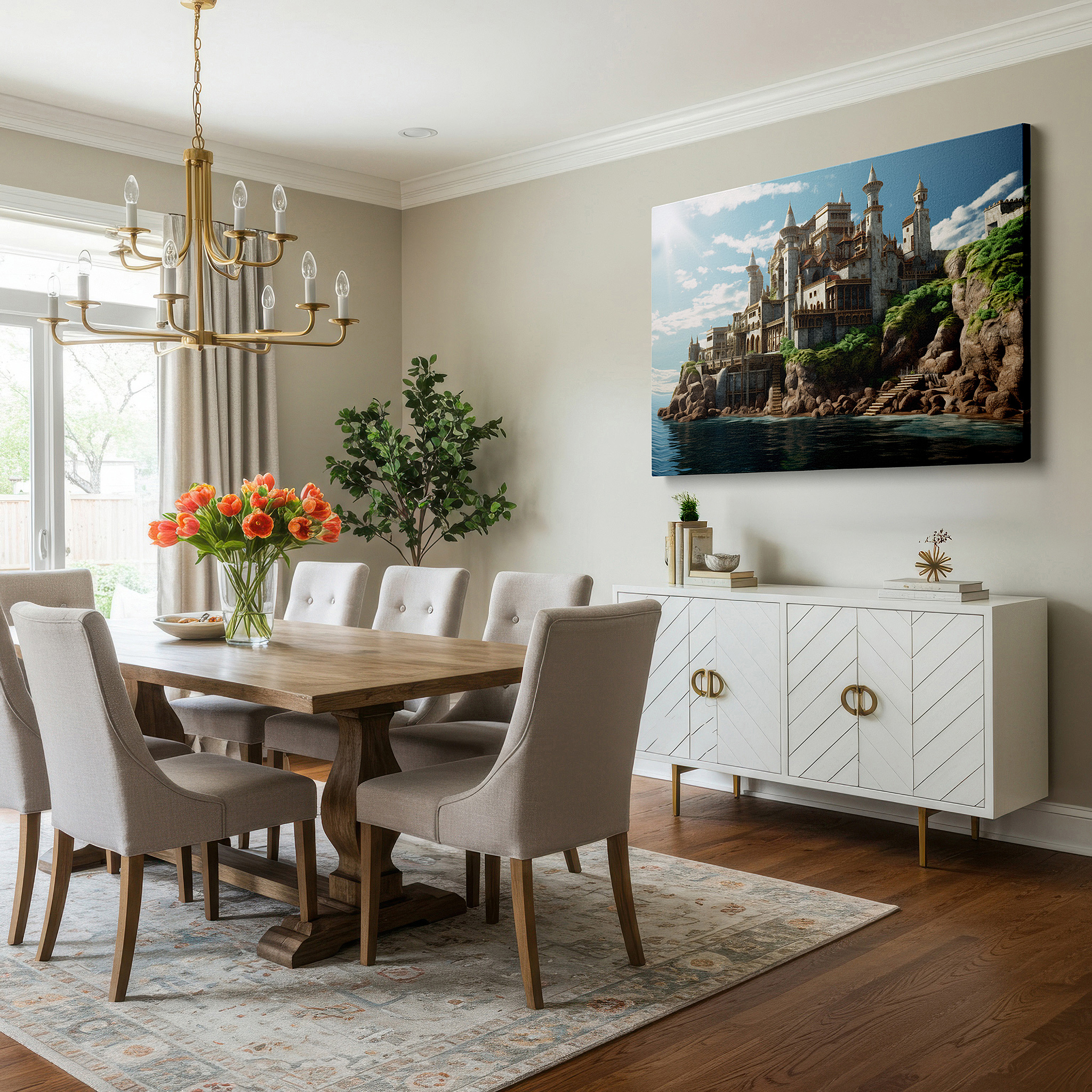 Displayed above a contemporary leather sofa in warm light — enchanted castle on cliff canvas art: gateway to adventure and imagination, ideal for office and bedroom wall decor