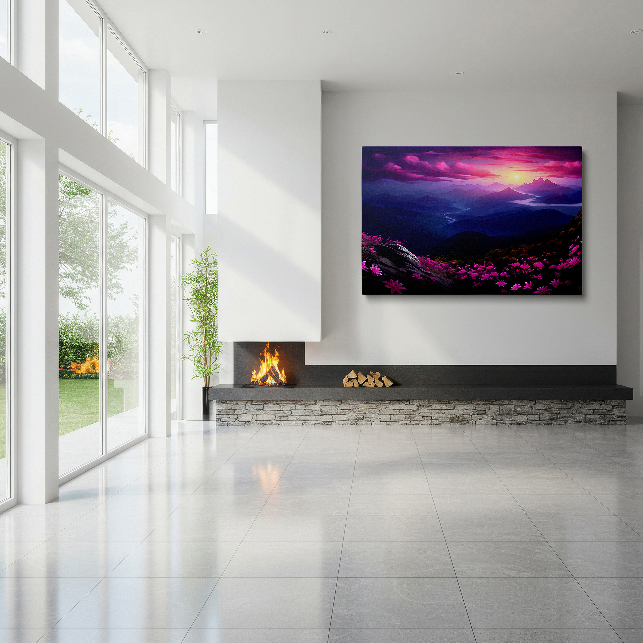 Displayed above a contemporary leather sofa in warm light — enchanting floral landscape with stunning sunset - large canvas wall art for home and office decor