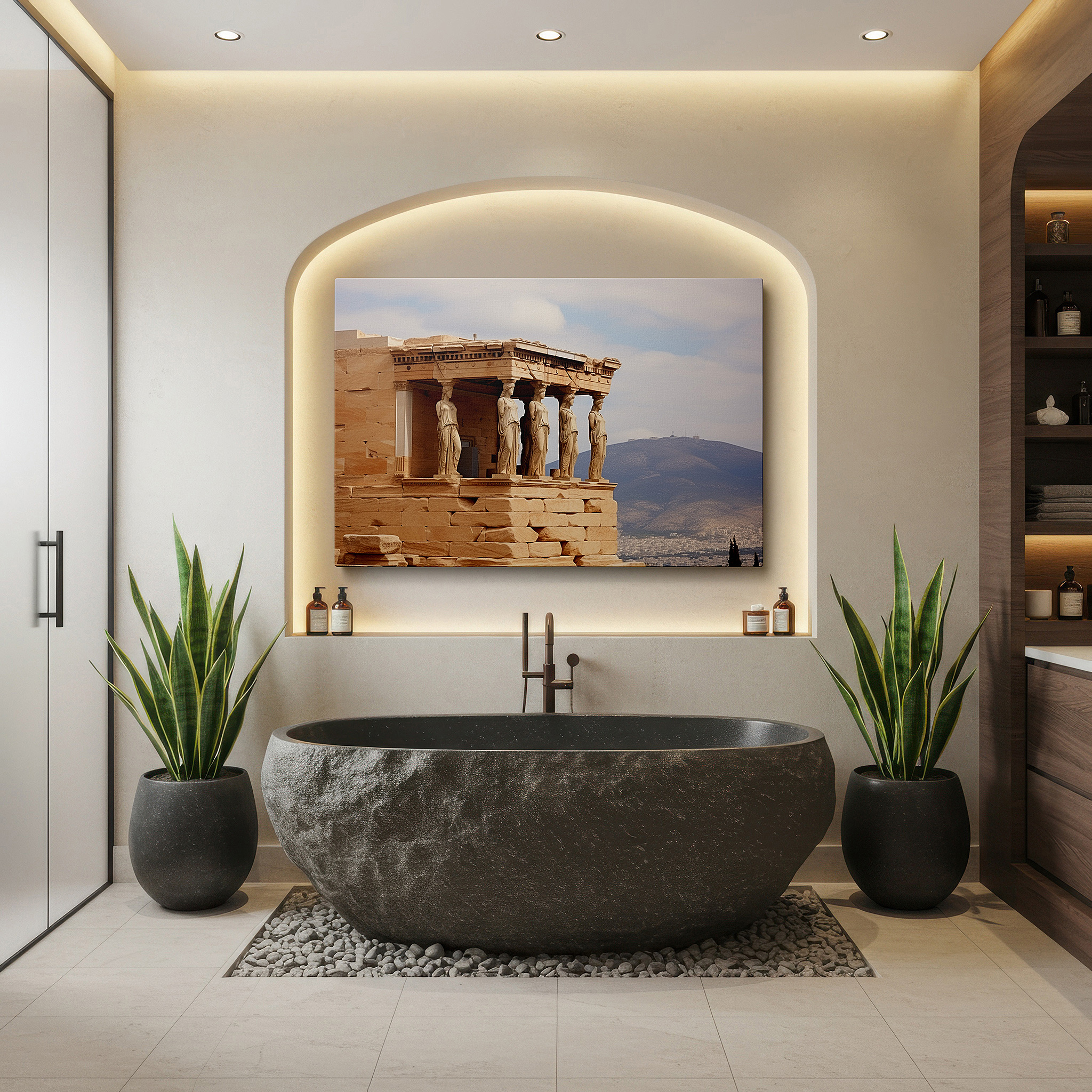 Displayed above a contemporary leather sofa in warm light — erechtheion's eternal grandeur: classic greek masterpiece featuring iconic caryatids - large wall art, canvas, wall decor, office art