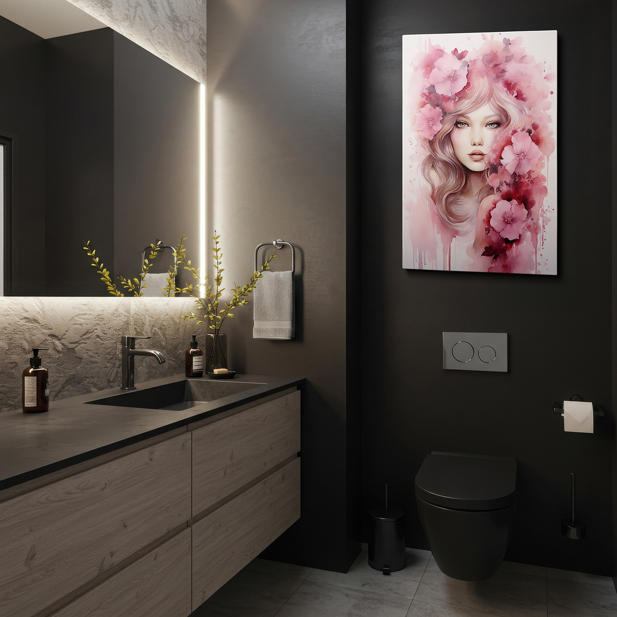 Displayed above a contemporary leather sofa in warm light — ethereal blossoms: a serene fusion of feminine elegance and natural charm - large wall art, canvas wall art, wall decor for office and bedroom