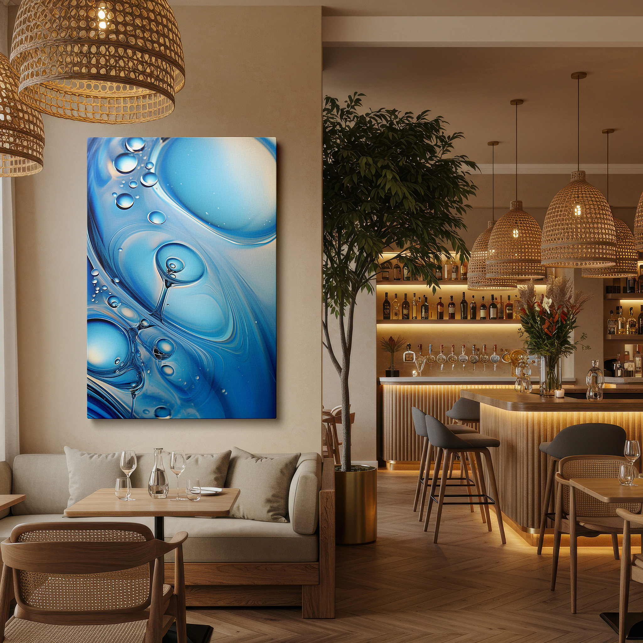 Displayed above a contemporary leather sofa in warm light — exploring aquatic blues: abstract water essence with dynamic textures and luminous light interplay - large canvas wall art decor