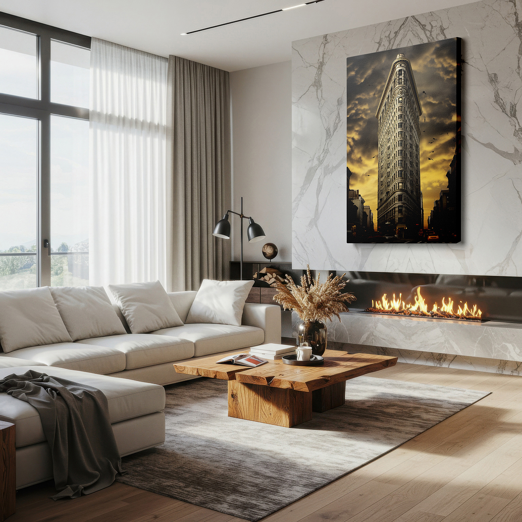 Displayed above a contemporary leather sofa in warm light — flatiron building at sunset: a tribute to new york's architectural grandeur - large canvas wall art for office decor