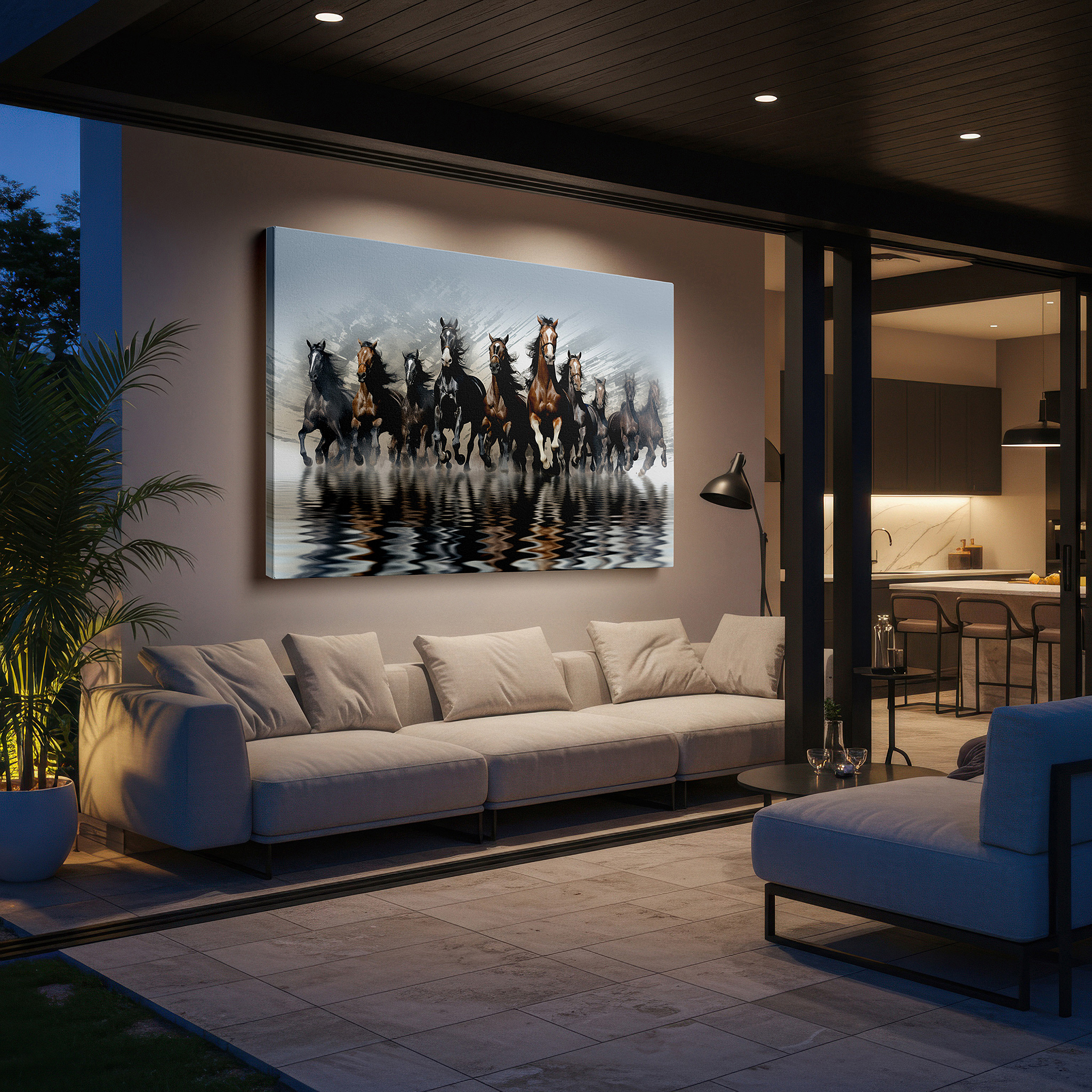 Displayed above a contemporary leather sofa in warm light — galloping horses wall art: embodying freedom and grace in ethereal mist - ideal for office, living room, or bedroom decor
