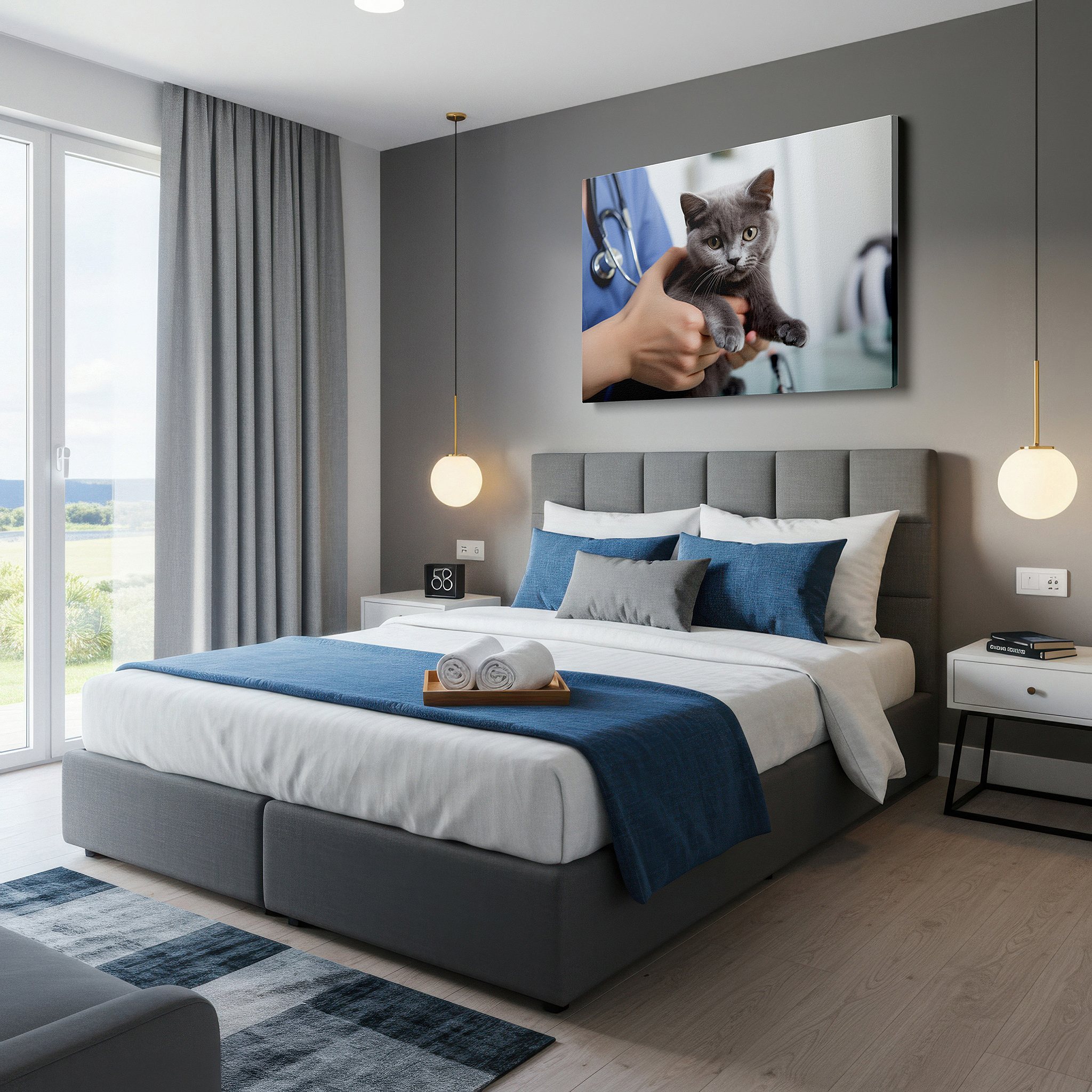 Displayed above a contemporary leather sofa in warm light — gentle care moments - a veterinarian's soft embrace with a gray kitten wall art, large canvas decor for office and bedroom