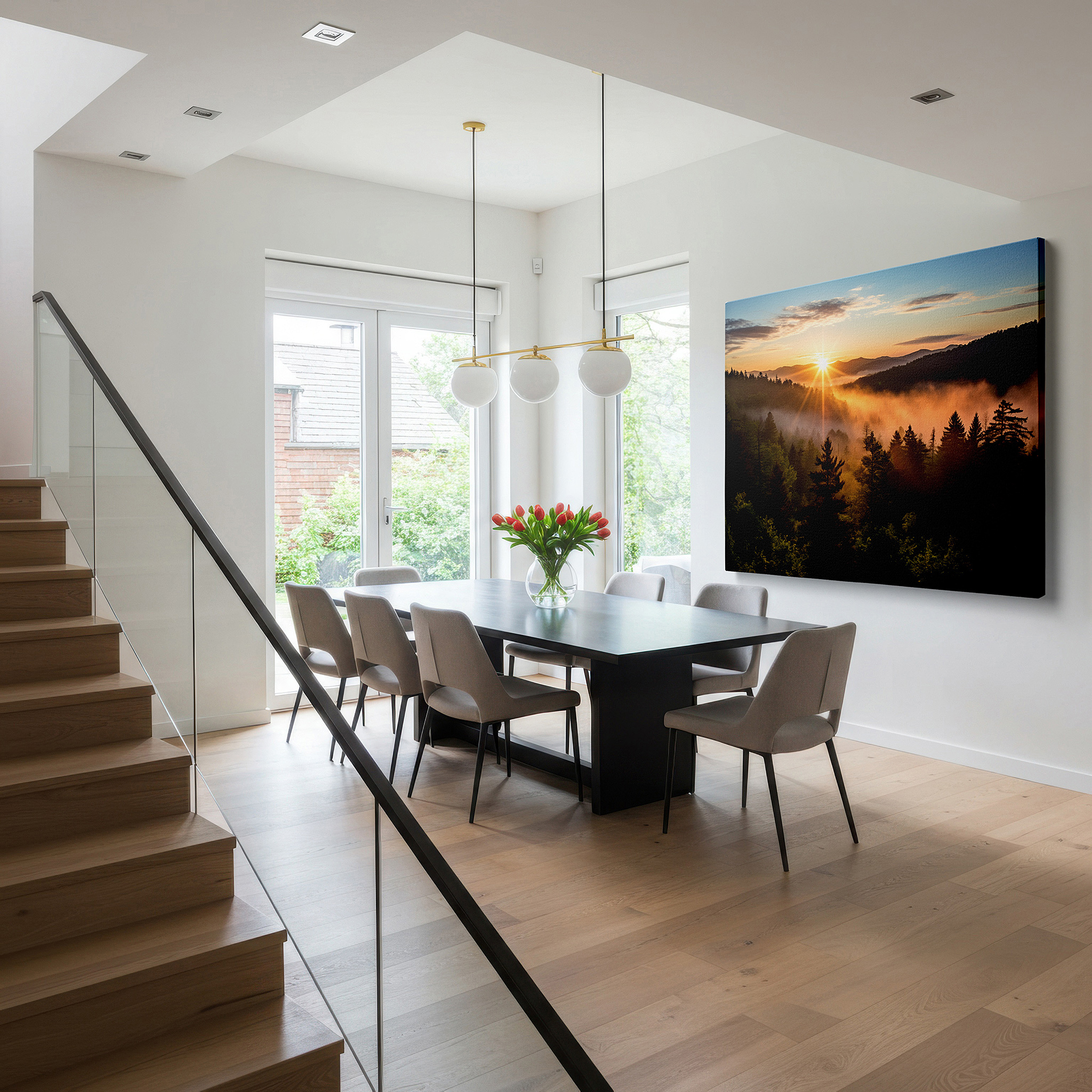 Displayed above a contemporary leather sofa in warm light — golden sunrise over misty valley with lush trees and majestic mountains - large canvas wall art for office and bedroom decor