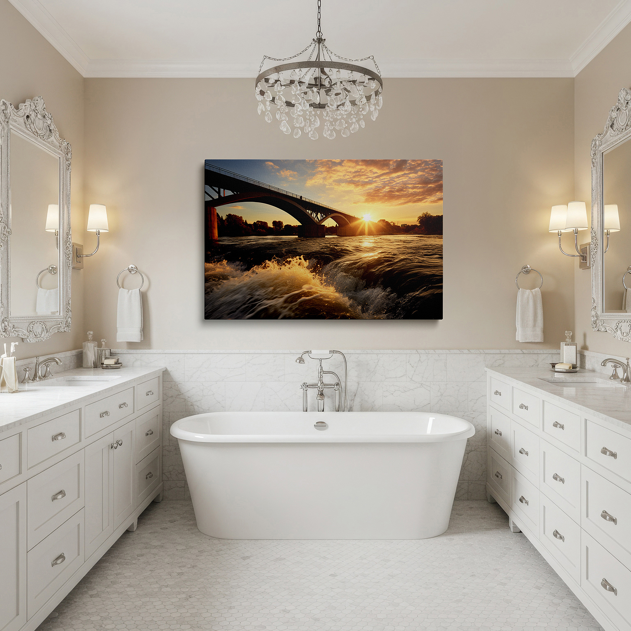 Displayed above a contemporary leather sofa in warm light — golden sunset and silhouetted bridge wall art: large canvas for office, bedroom, and living room decor