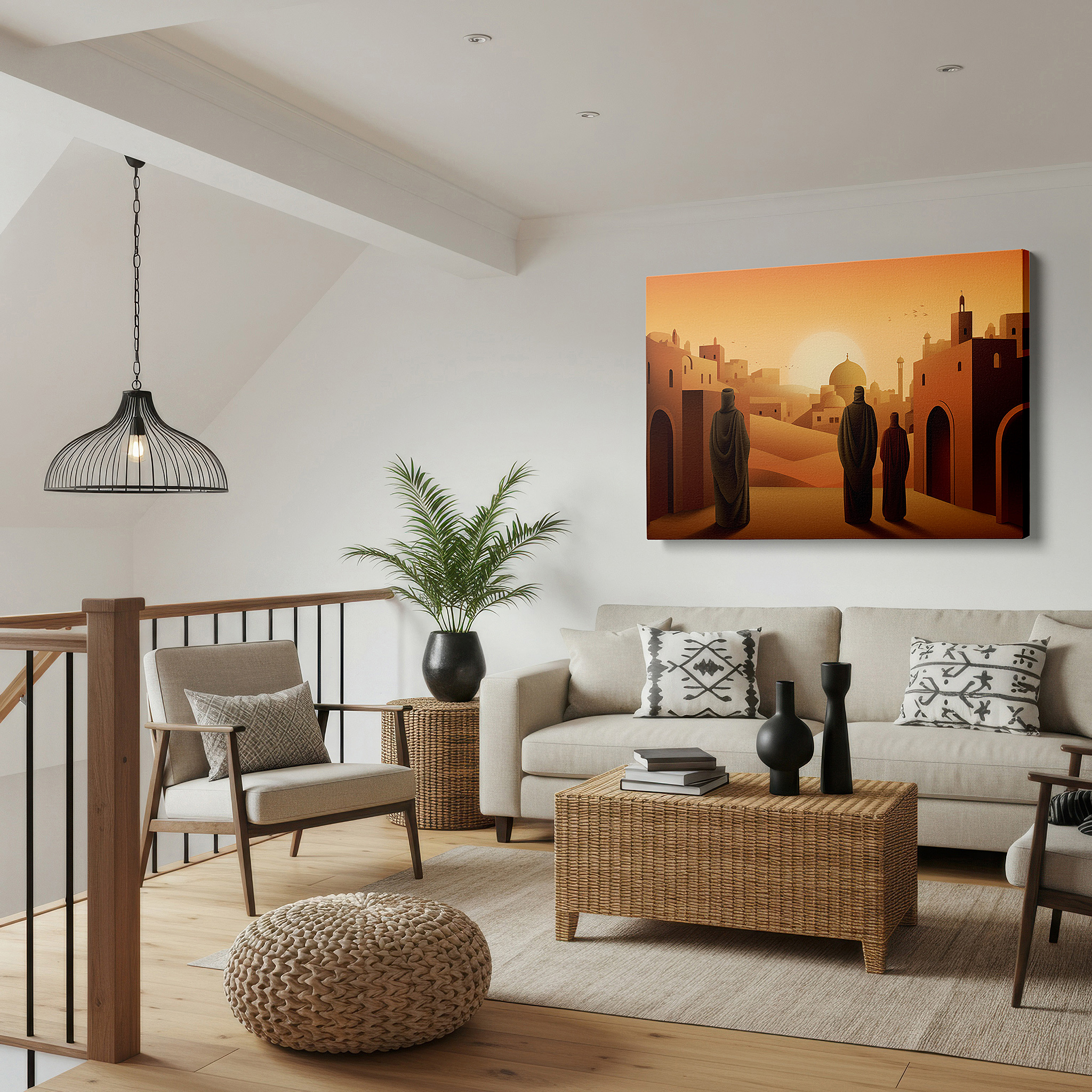 Displayed above a contemporary leather sofa in warm light — graceful deer in tranquil mountains: celebrating the elegance and strength of wildlife - large canvas wall art for home and office decor